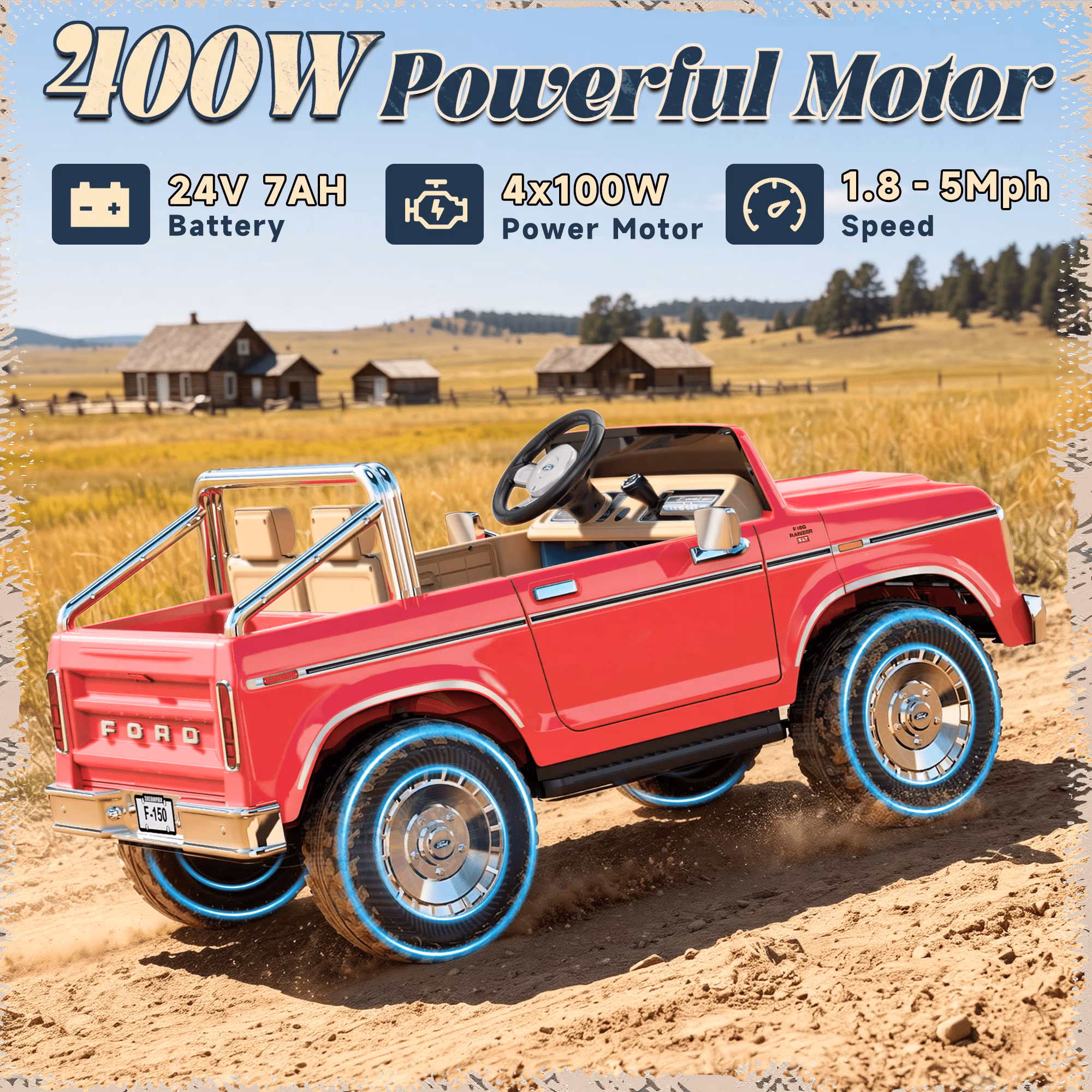 TOKTOO Licensed 1973 Ford F-150 24V 2 Seater Ride On Car for Kids, Electric Ride On Toys with Parent Remote Control, 400W Powerful Wheel, LED Lights, Music Player, Ages 3-8, Coral Red - Image 3