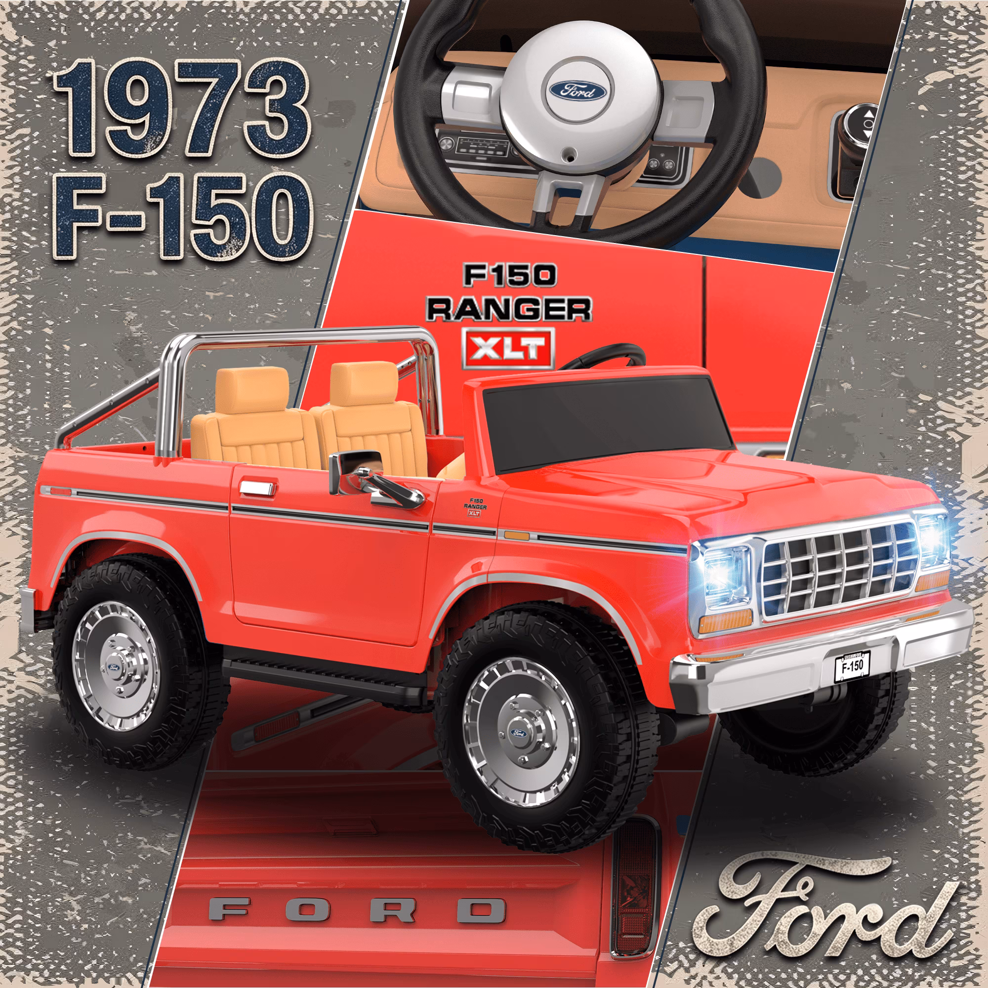 TOKTOO Licensed 1973 Ford F-150 24V 2 Seater Ride On Car for Kids, Electric Ride On Toys with Parent Remote Control, 400W Powerful Wheel, LED Lights, Music Player, Ages 3-8, Coral Red - Image 2