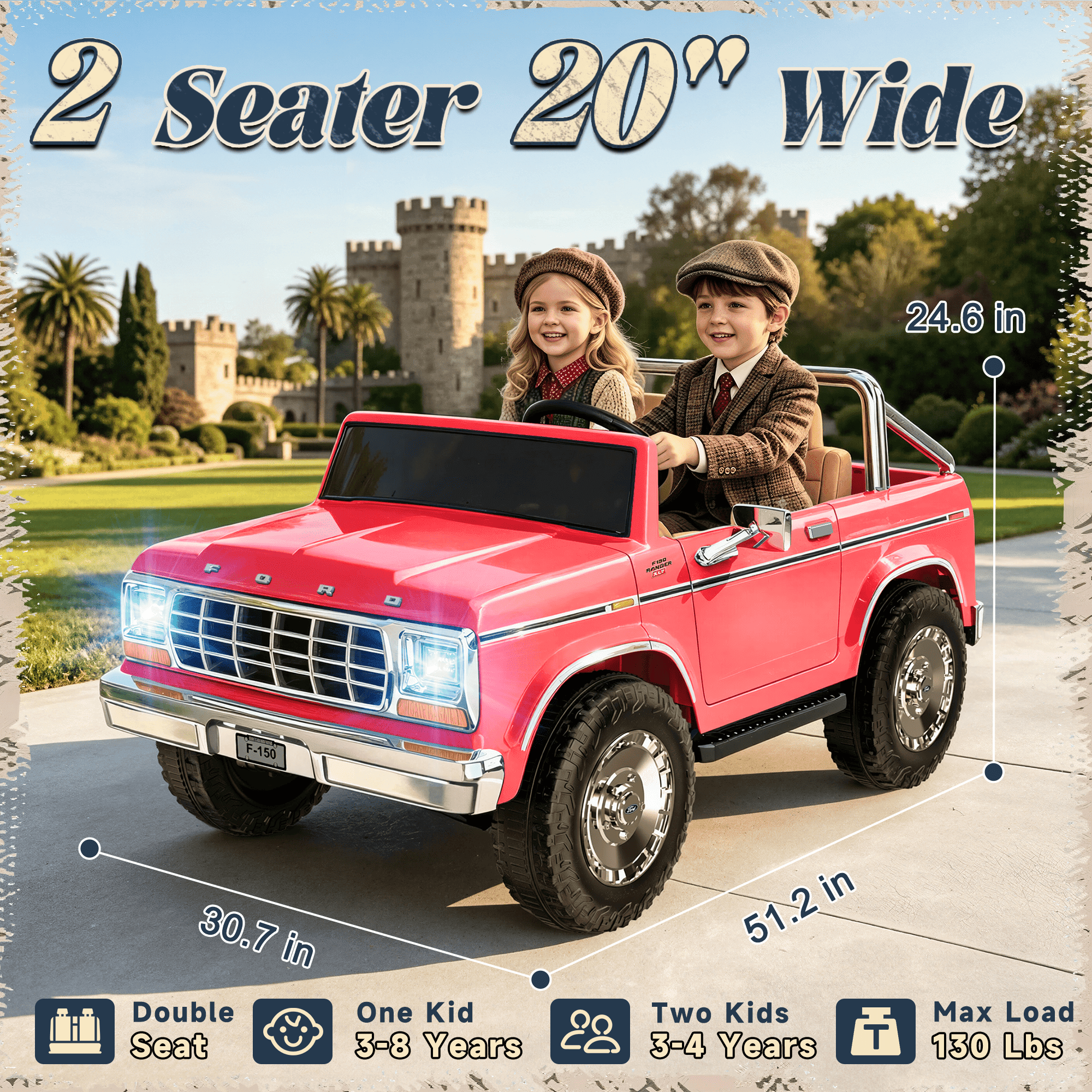 TOKTOO Licensed 1973 Ford F-150 24V 2 Seater Ride On Car for Kids, Electric Ride On Toys with Parent Remote Control, 400W Powerful Wheel, LED Lights, Music Player, Ages 3-8, Coral Red - Image 5