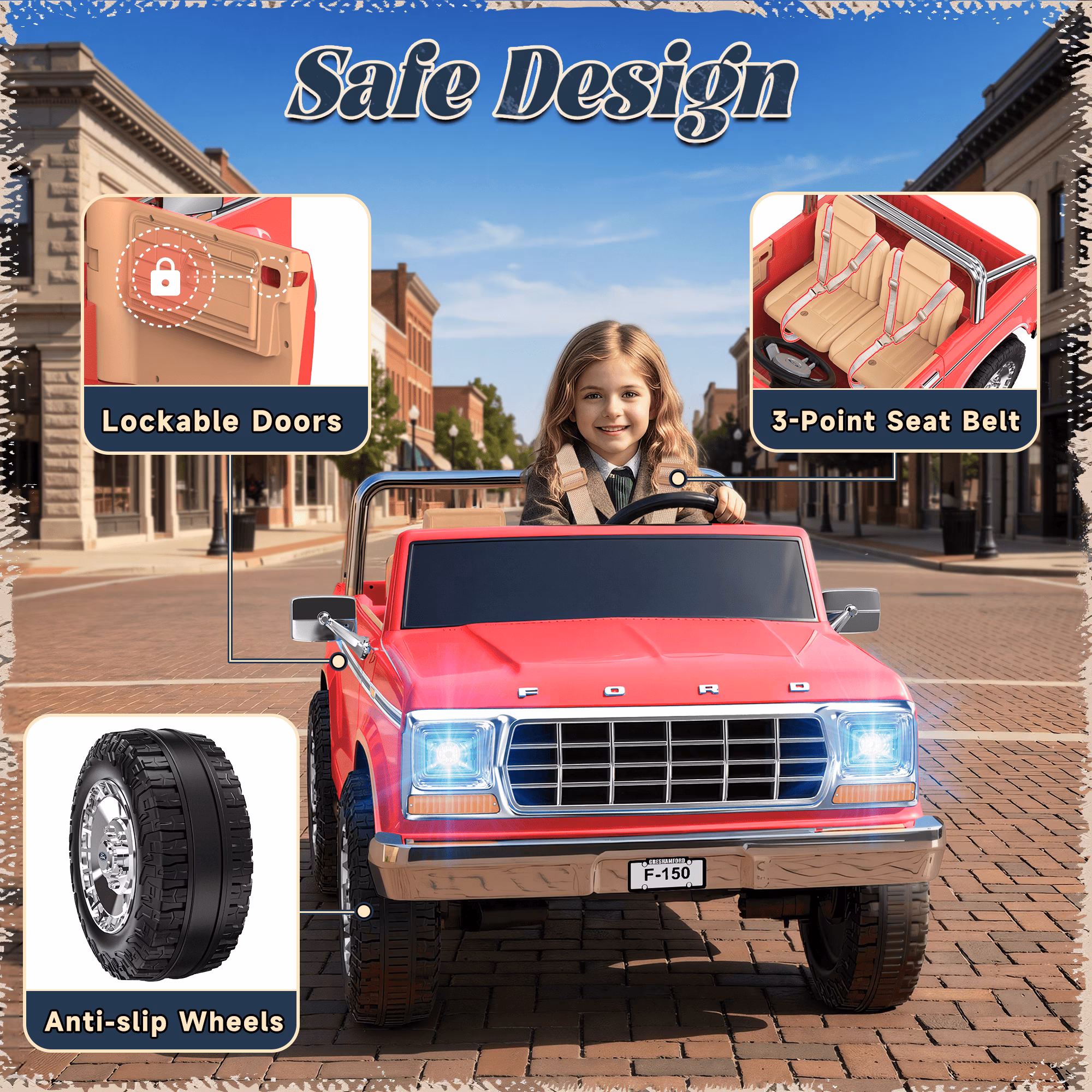 TOKTOO Licensed 1973 Ford F-150 24V 2 Seater Ride On Car for Kids, Electric Ride On Toys with Parent Remote Control, 400W Powerful Wheel, LED Lights, Music Player, Ages 3-8, Coral Red - Image 4