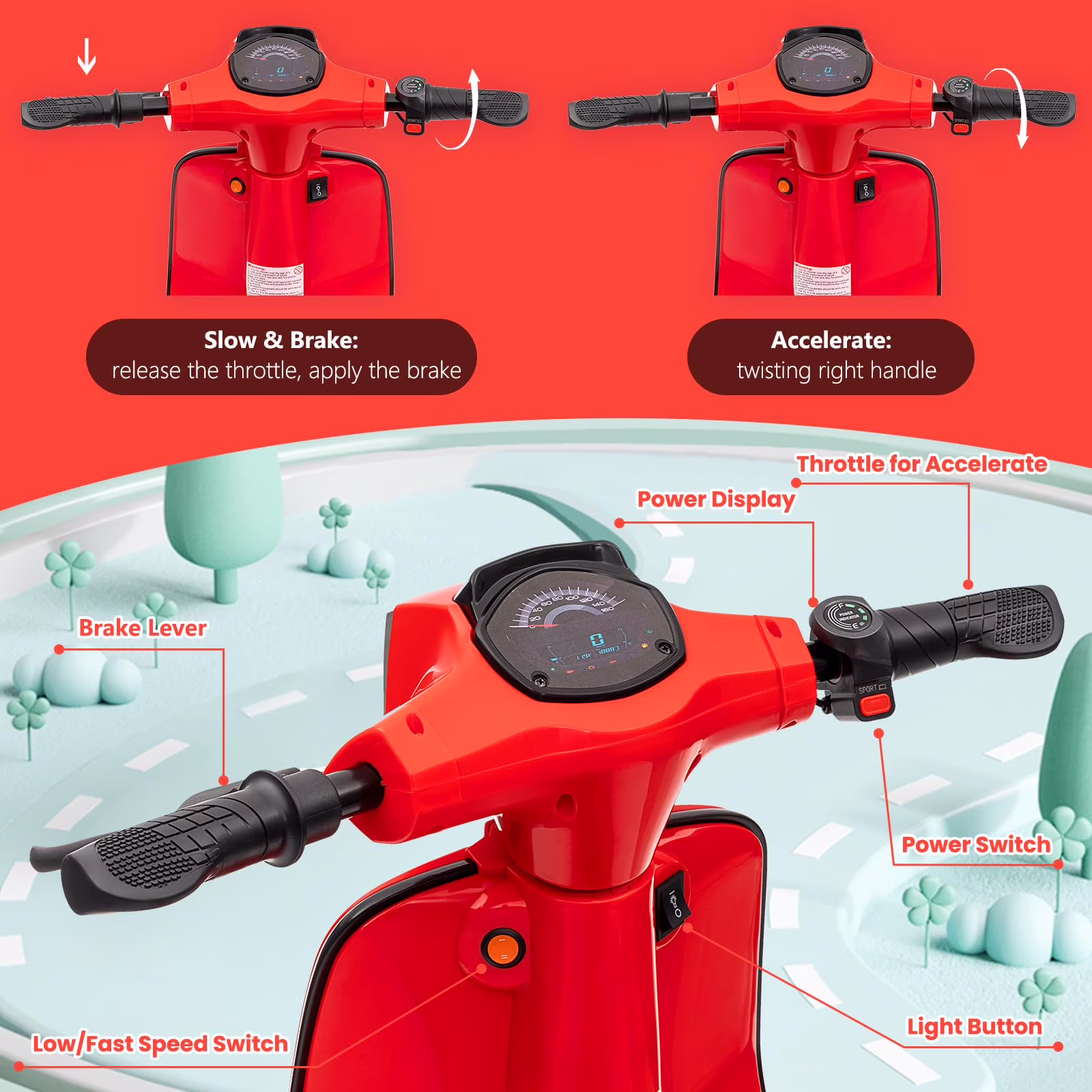 Towallmark Electric Motorcycle for Big Kids, 24V 350W Kids Ride on Moped, Max Up to 14MPH, with Rear Brake, Twist Grip Throttle & LED Light, Electric Motorbike for Kids/Teens 8 - Image 5