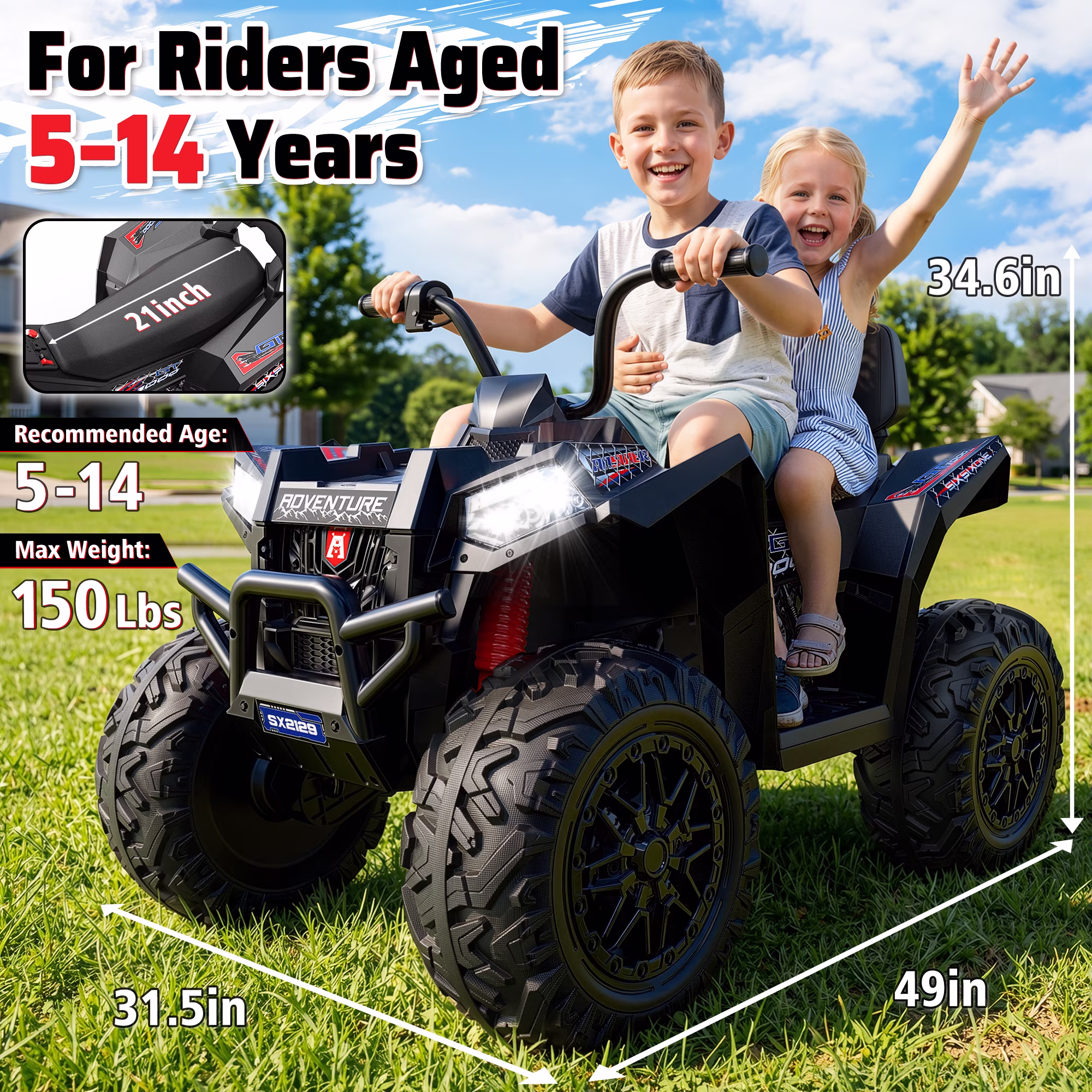 TOYBSNR 24V Kids ATV, 2-Seater 4WD Ride on Toys for Big Kids Ages 5-14, XXXL Powered Ride on Electric Car, 4 Wheeler with EVA Tires, Bluetooth, Music, Spring Suspension, Max 7.5MPH, Black - Image 5