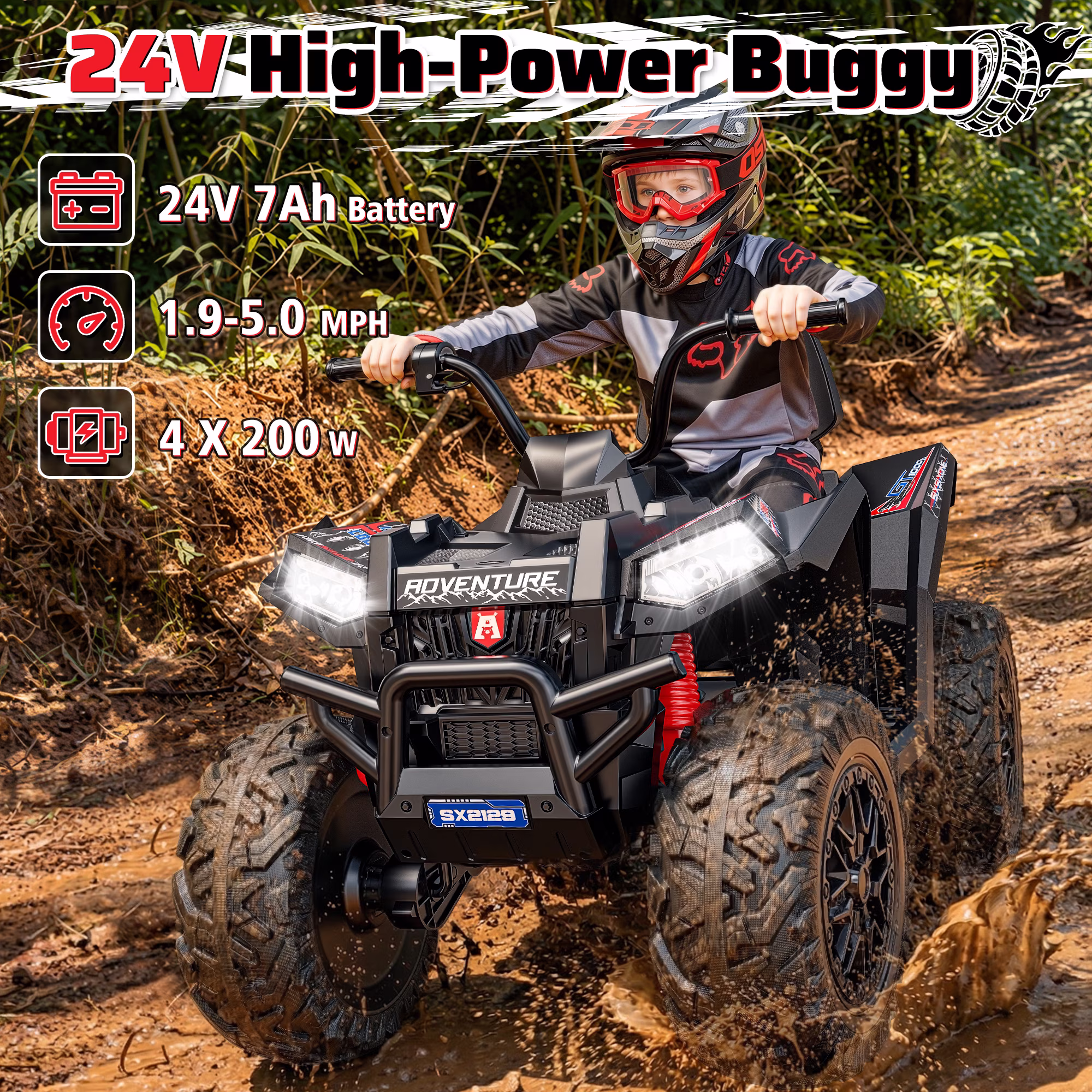 TOYBSNR 24V Kids ATV, 2-Seater 4WD Ride on Toys for Big Kids Ages 5-14, XXXL Powered Ride on Electric Car, 4 Wheeler with EVA Tires, Bluetooth, Music, Spring Suspension, Max 7.5MPH, Black - Image 3