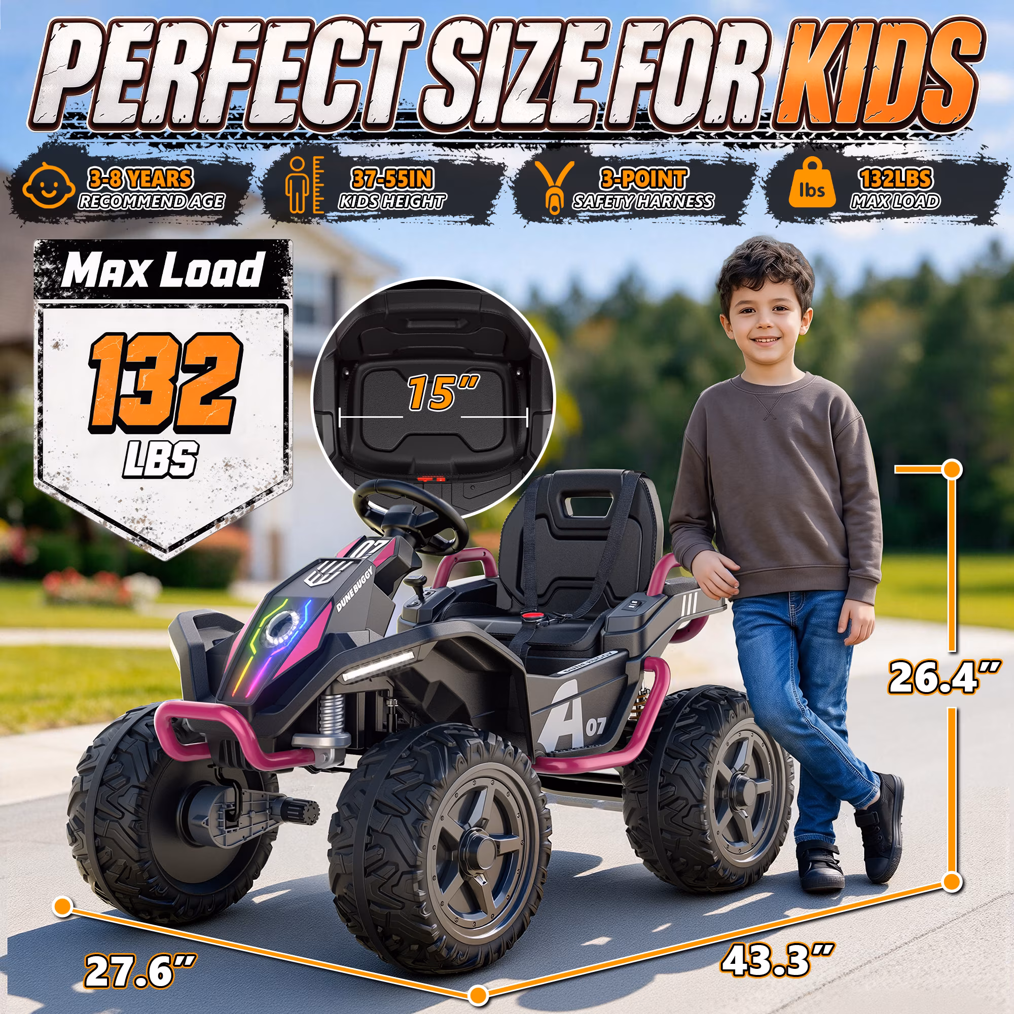 TOYBSNR 24V Kids ATV, Ride on Toys with Remote Control, 4 Wheeler with Music & Colored Light, 2WD/4WD Switchable Power Quad for 3-8 Years Old, Pink - Image 4