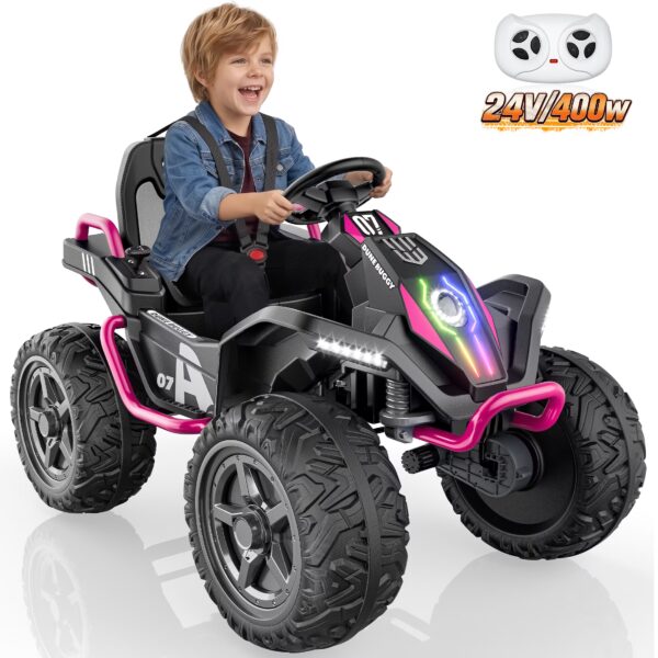 TOYBSNR 24V Kids ATV, Ride on Toys with Remote Control, 4 Wheeler with Music & Colored Light, 2WD/4WD Switchable Power Quad for 3-8 Years Old, Pink