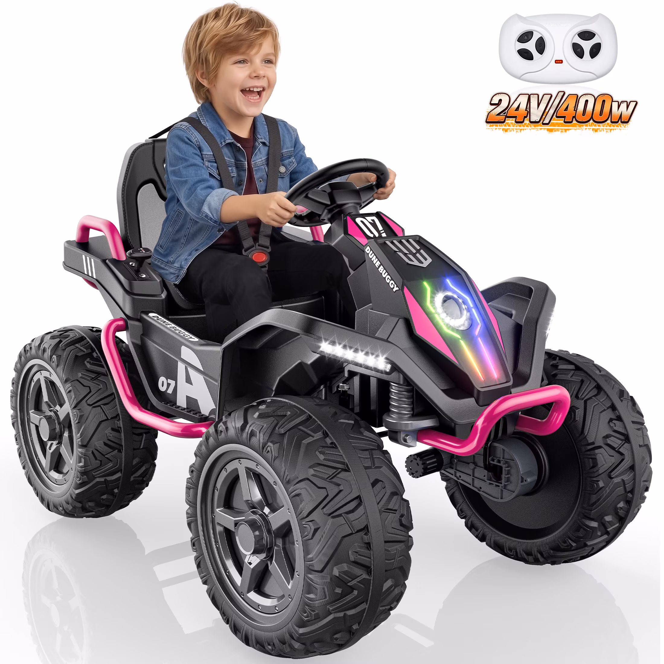 TOYBSNR 24V Kids ATV, Ride on Toys with Remote Control, 4 Wheeler with Music & Colored Light, 2WD/4WD Switchable Power Quad for 3-8 Years Old, Pink