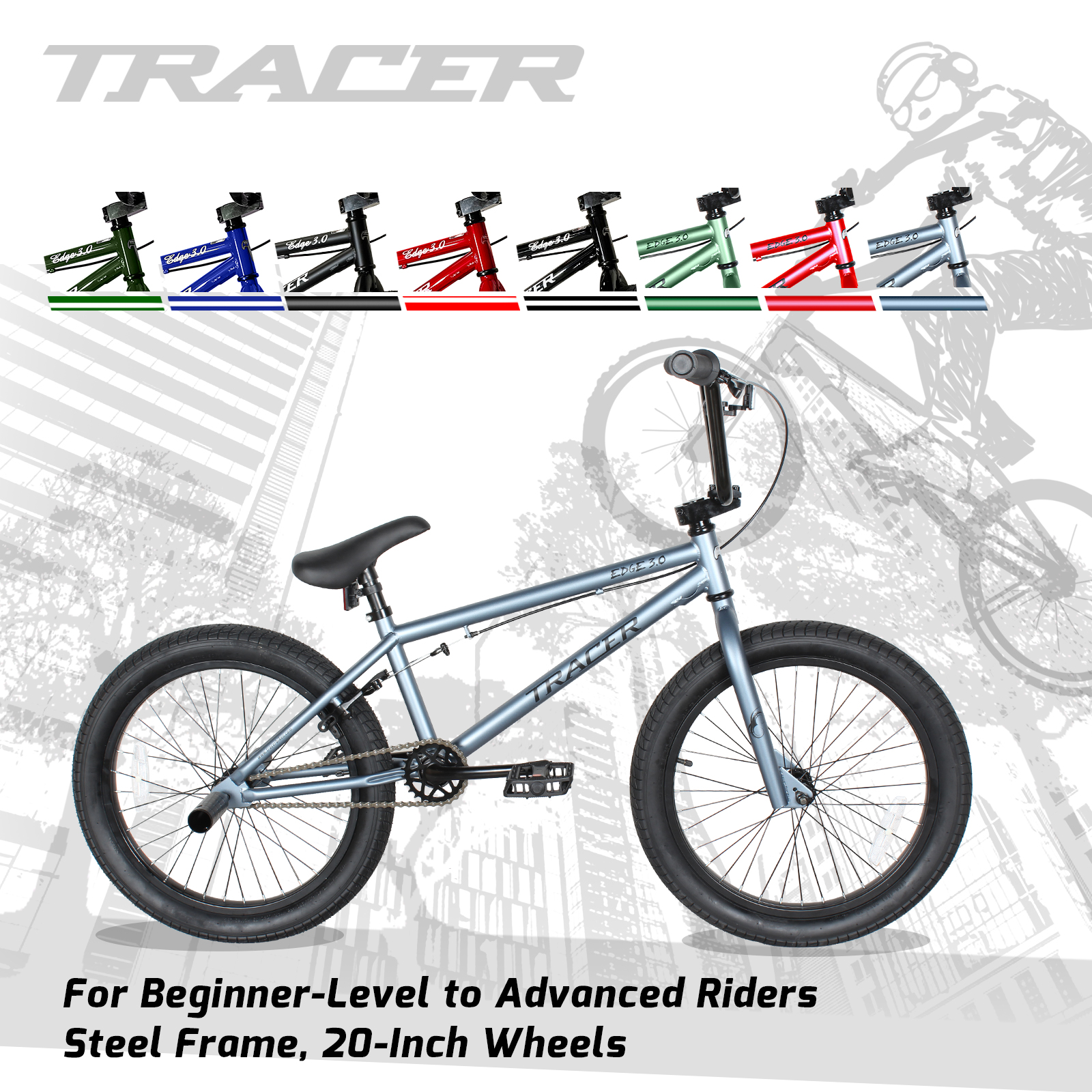 Tracer Edge 3.0 20" Professional BMX Bike, Hi-ten Steel Frame, U-brake, for Men, Teen, Beginner, Matte Gray - Image 4