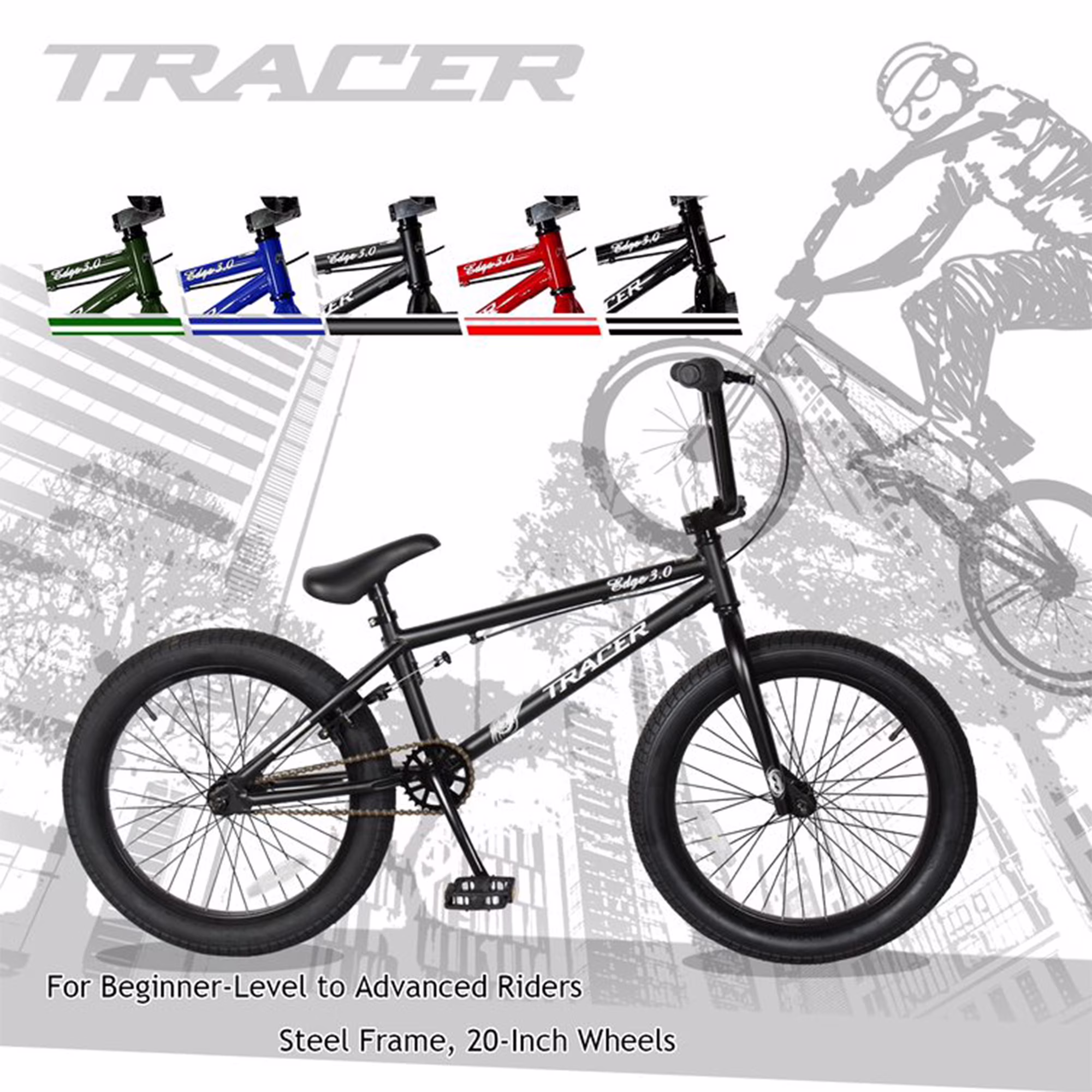 TRACER Edge 3.0 BMX Bike, 20" Wheel, 2.3" Tire, Hi-ten Steel Frame Freestyle for Beginners,Adult,Teen,Matte Black - Image 2