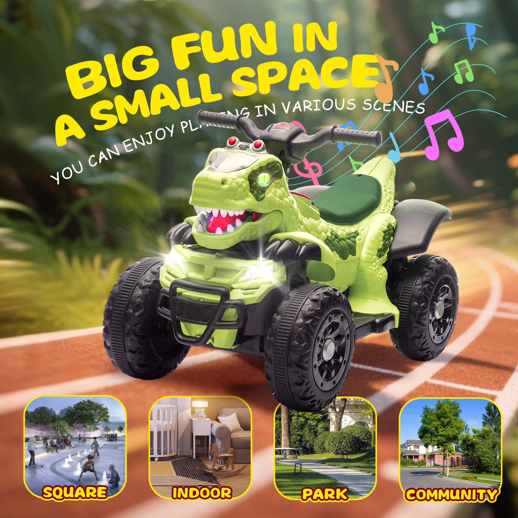 Track Seven 12V Ride-On ATV, Dinosaur Shape Electric Car, 2WD, Music, Bluetooth, Power Display, Indoor& Outdoor Ride-On Toy Car for Boys Girls Age 2+, Green - Image 2