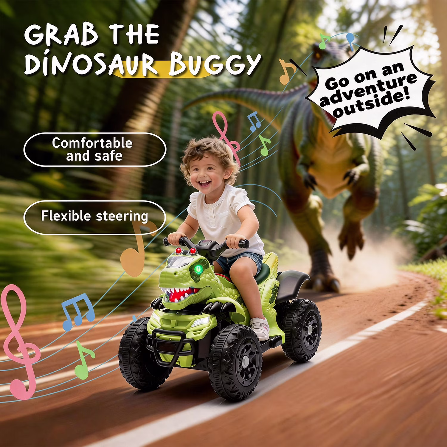 Track Seven 12V Ride-On ATV, Dinosaur Shape Electric Car, 2WD, Music, Bluetooth, Power Display, Indoor& Outdoor Ride-On Toy Car for Boys Girls Age 2+, Green - Image 5