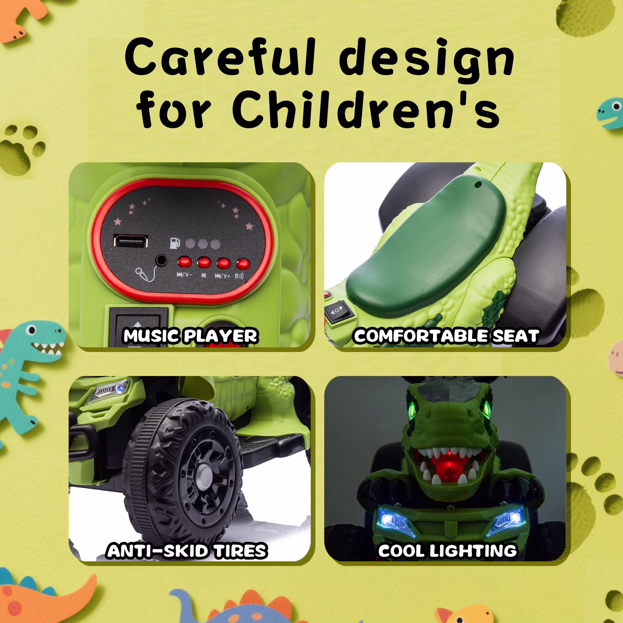 Track Seven 12V Ride-On ATV, Dinosaur Shape Electric Car, 2WD, Music, Bluetooth, Power Display, Indoor& Outdoor Ride-On Toy Car for Boys Girls Age 2+, Green - Image 3