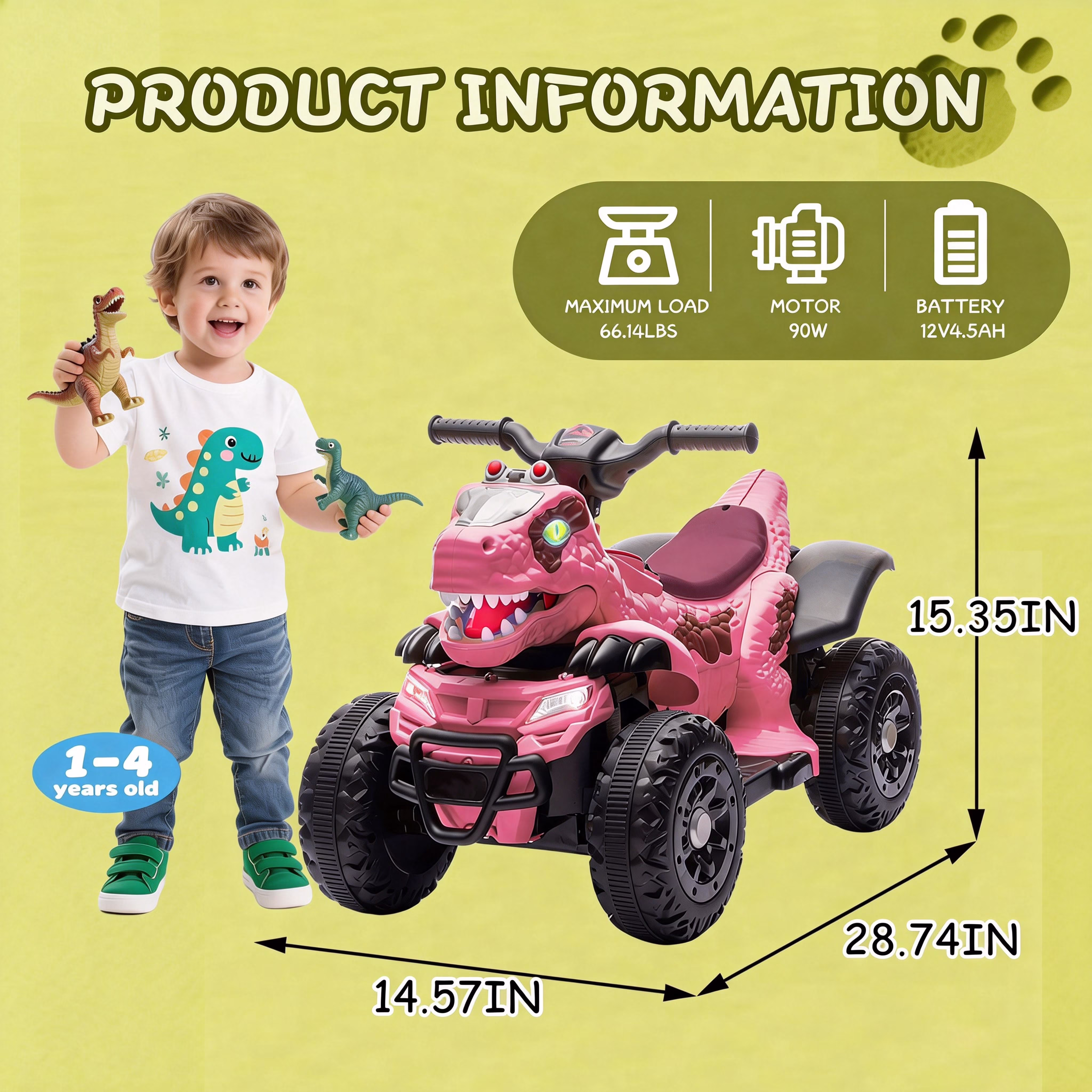 Track Seven 12V Electric Ride-On ATV, Dinosaur Four Wheeler Electric Car with Bluetooth, LED Lights, Music, Electric Quad Ride-On Toy Car for Toddlers Boys Girls Age 2+, Rose Pink - Image 4