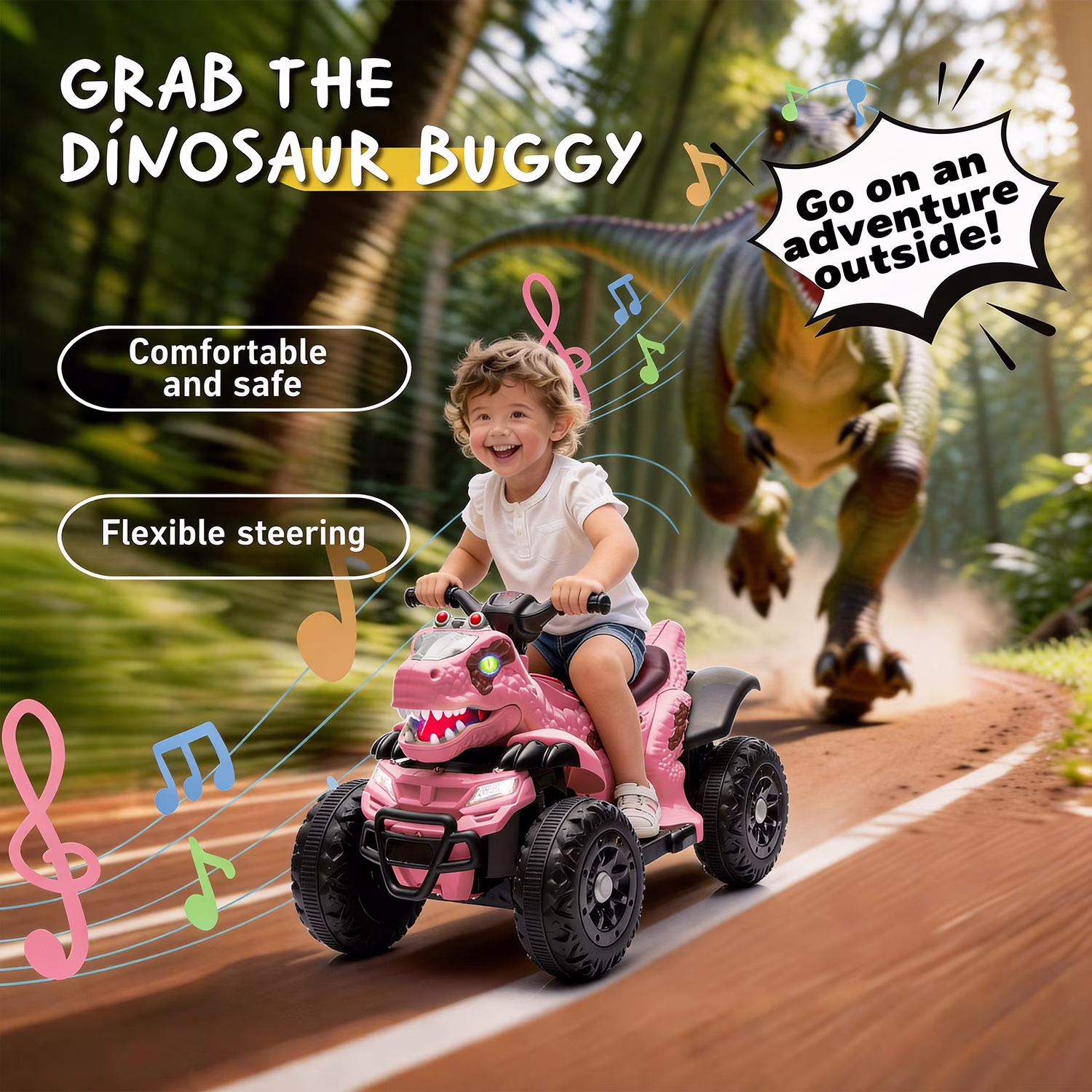 Track Seven 12V Electric Ride-On ATV, Dinosaur Four Wheeler Electric Car with Bluetooth, LED Lights, Music, Electric Quad Ride-On Toy Car for Toddlers Boys Girls Age 2+, Rose Pink - Image 3