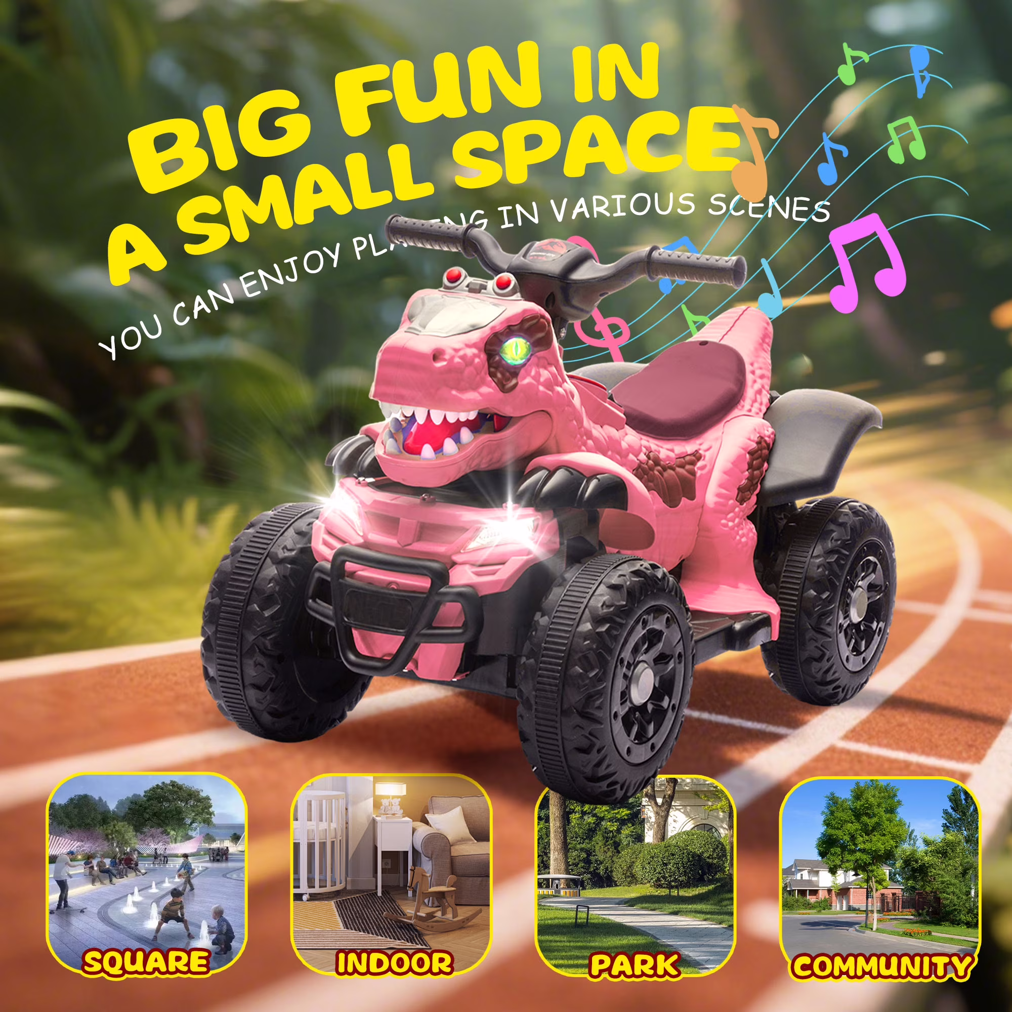 Track Seven 12V Electric Ride-On ATV, Dinosaur Four Wheeler Electric Car with Bluetooth, LED Lights, Music, Electric Quad Ride-On Toy Car for Toddlers Boys Girls Age 2+, Rose Pink - Image 2