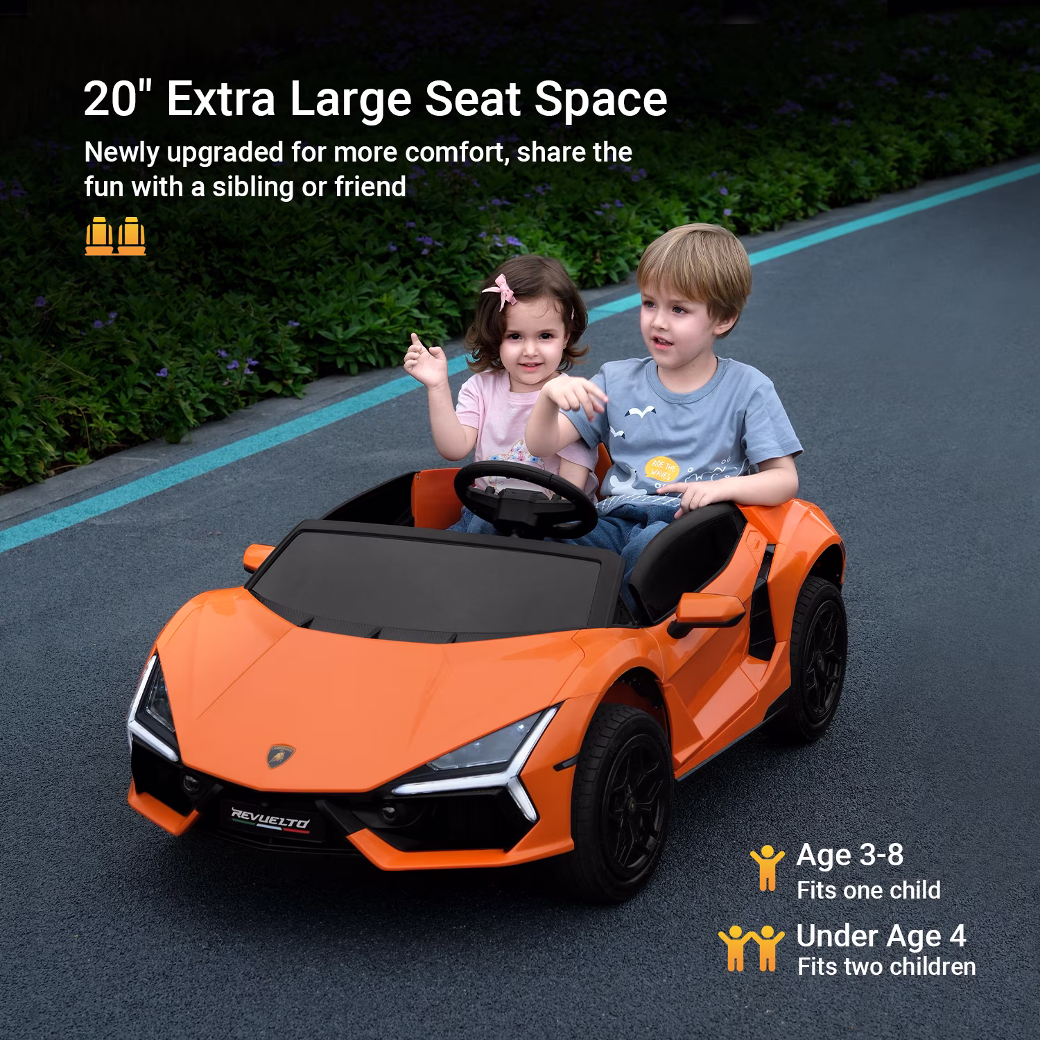 Track Seven 24V 2-Seater Ride on Car, Licensed Lamborghini Revuelto Electric Car with Remote Control, Music, LED Lights, Key Start, Spring Suspension, Max Speed 4.3mph, 24V Ride on Toy Car, Orange - Image 3