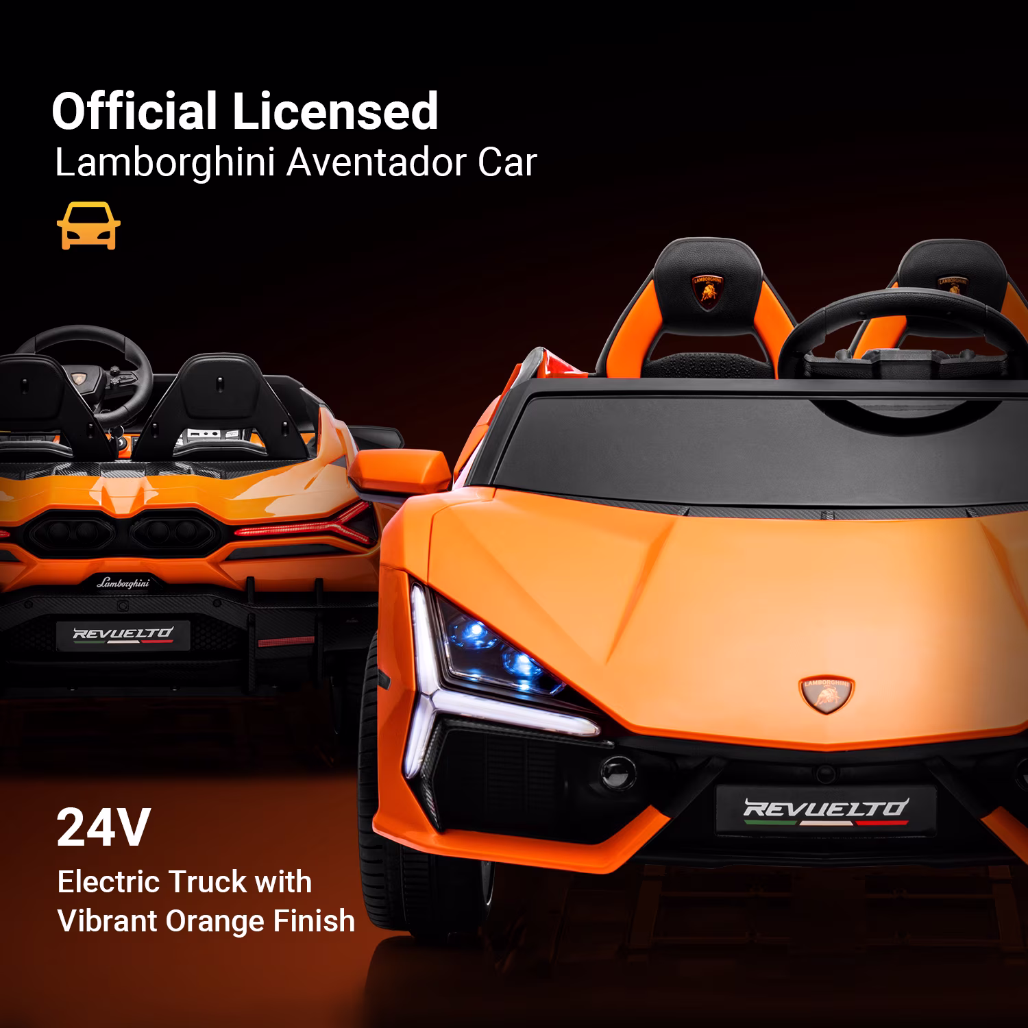 Track Seven 24V 2-Seater Ride on Car, Licensed Lamborghini Revuelto Electric Car with Remote Control, Music, LED Lights, Key Start, Spring Suspension, Max Speed 4.3mph, 24V Ride on Toy Car, Orange - Image 2