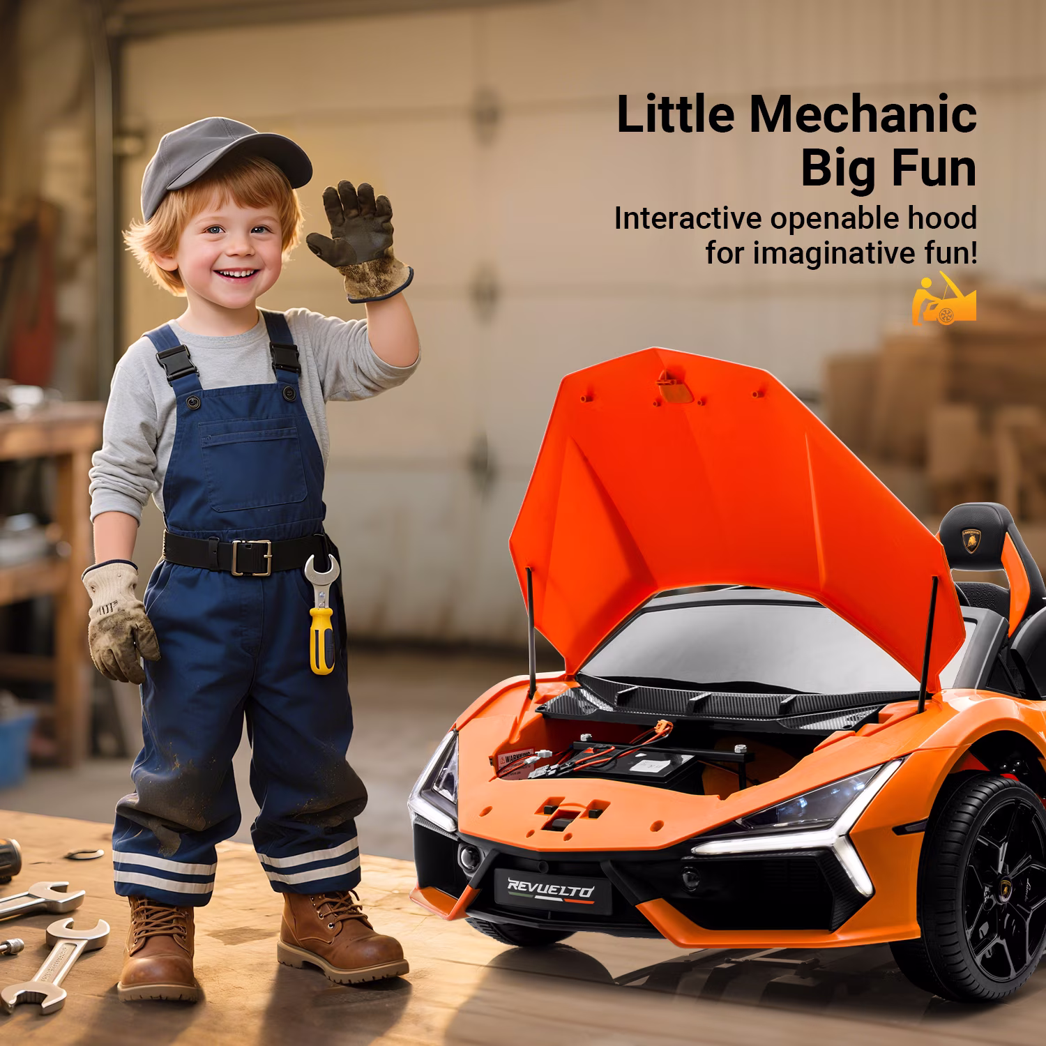 Track Seven 24V 2-Seater Ride on Car, Licensed Lamborghini Revuelto Electric Car with Remote Control, Music, LED Lights, Key Start, Spring Suspension, Max Speed 4.3mph, 24V Ride on Toy Car, Orange - Image 4