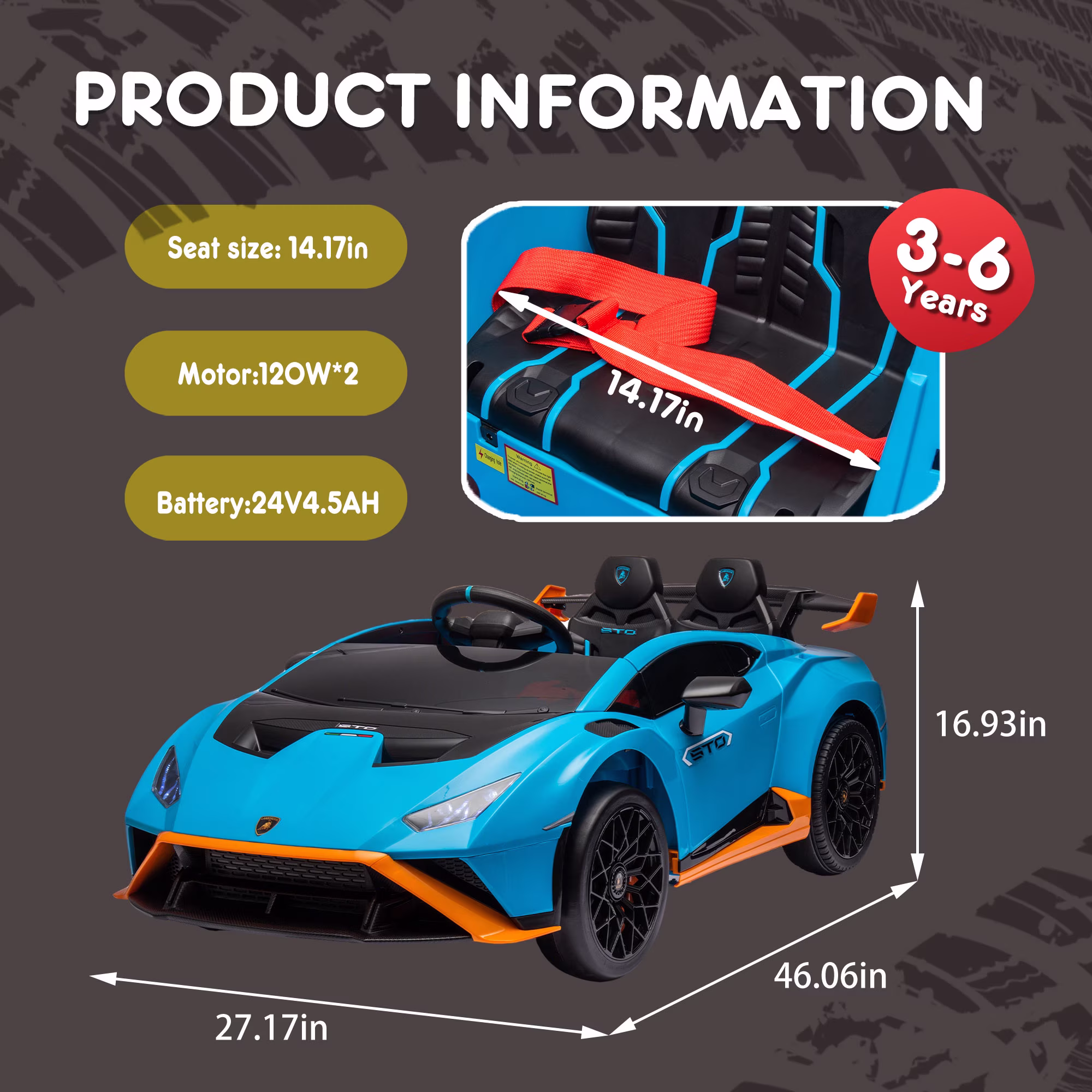 Track Seven 24V Kids Ride on Car, Licensed Lamborghini STO Electric Car with Remote Control, Ride on Drift Car with Foam Front Wheels, Music, 360° Spin, Max Speed 6mph, Ages 3+, Blue - Image 3