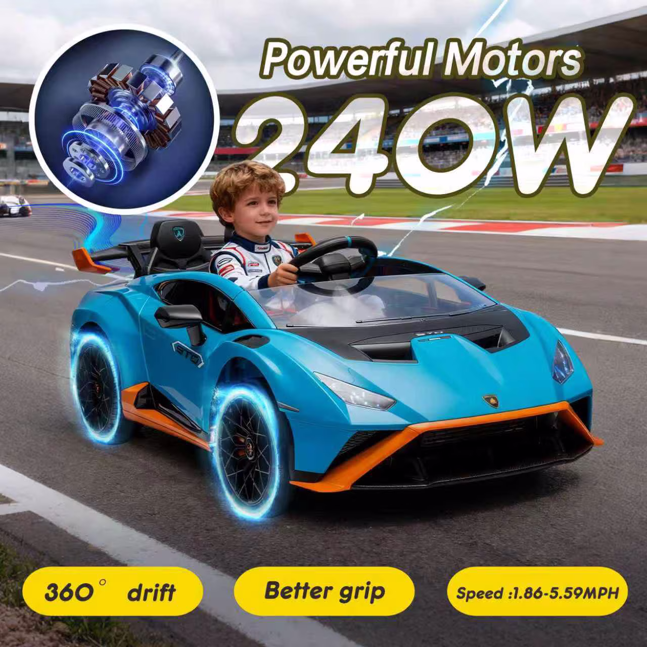 Track Seven 24V Kids Ride on Car, Licensed Lamborghini STO Electric Car with Remote Control, Ride on Drift Car with Foam Front Wheels, Music, 360° Spin, Max Speed 6mph, Ages 3+, Blue - Image 5