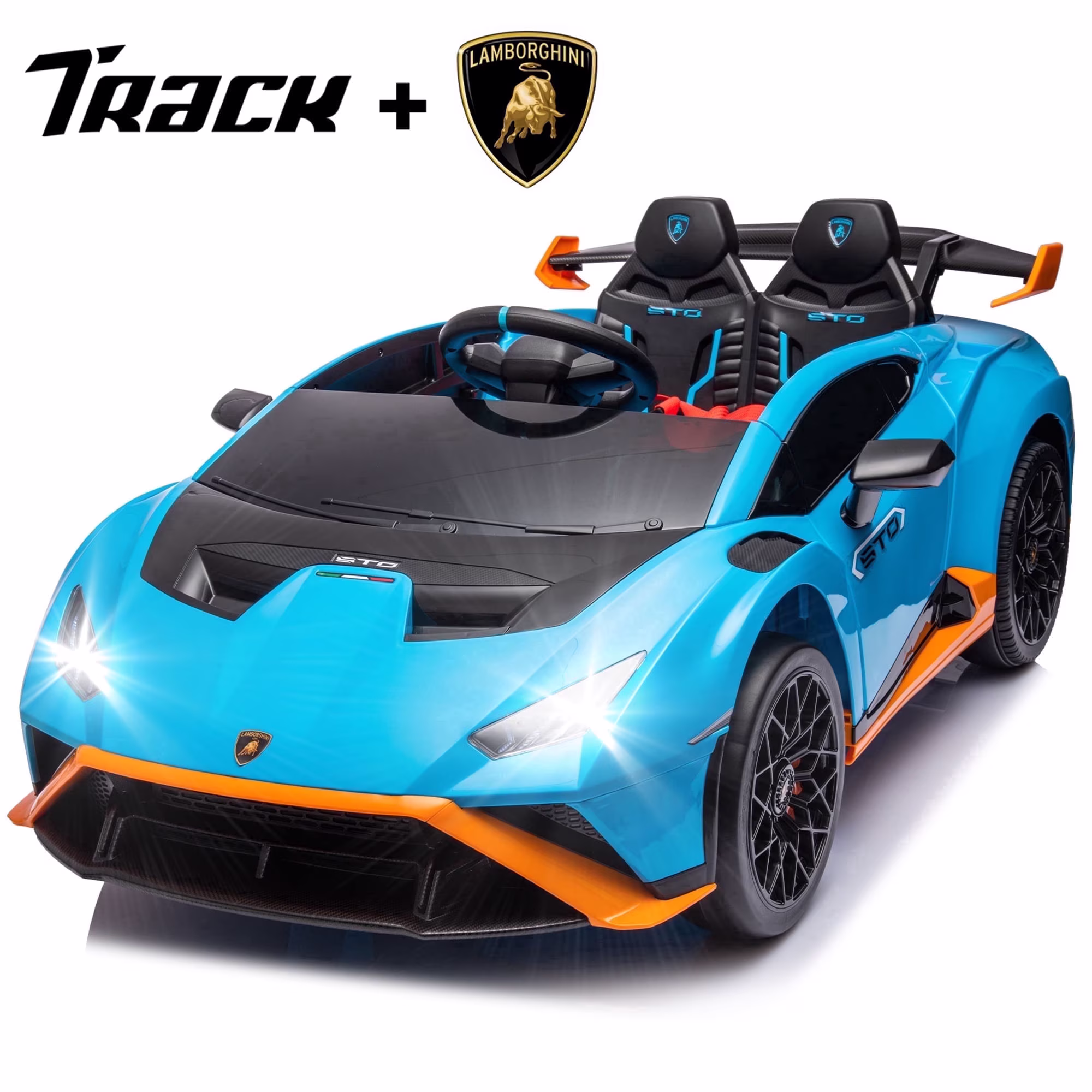 Track Seven 24V Kids Ride on Car, Licensed Lamborghini STO Electric Car with Remote Control, Ride on Drift Car with Foam Front Wheels, Music, 360° Spin, Max Speed 6mph, Ages 3+, Blue