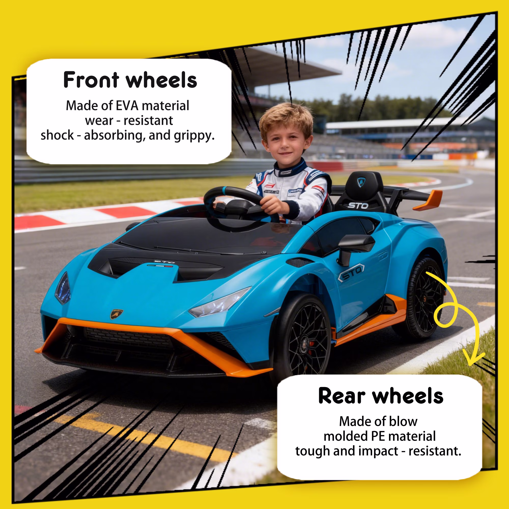 Track Seven 24V Kids Ride on Car, Licensed Lamborghini STO Electric Car with Remote Control, Ride on Drift Car with Foam Front Wheels, Music, 360° Spin, Max Speed 6mph, Ages 3+, Blue - Image 4