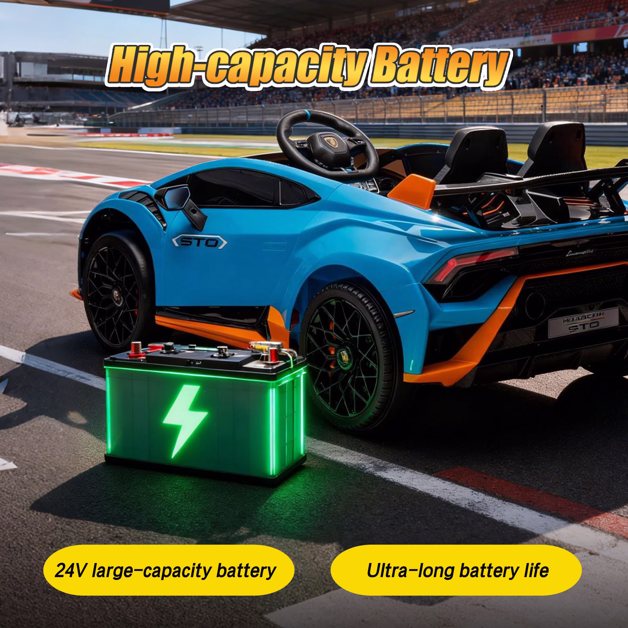 Track Seven 24V Kids Ride on Car, Licensed Lamborghini STO Electric Car with Remote Control, Ride on Drift Car with Foam Front Wheels, Music, 360° Spin, Max Speed 6mph, Ages 3+, Blue - Image 2