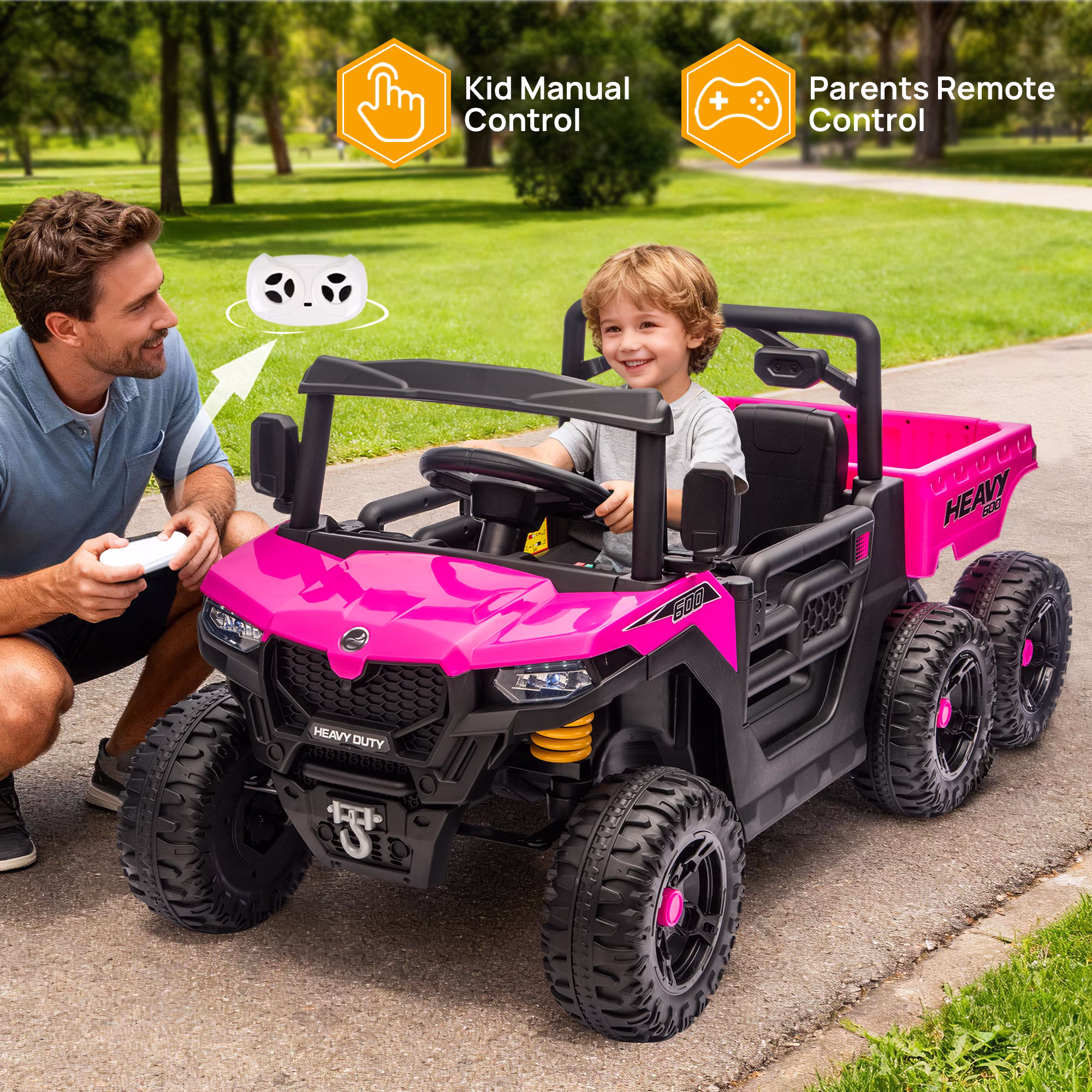 Track Seven 24V Ride on Dump Truck, 400W 6-Wheel Ride on UTV Car for Big Kids with Electric Dump Bed, Remote Control, Music, Lights, Spring Suspension, 24V Ride on Toy Car for Kids Aged 3+, Pink - Image 3