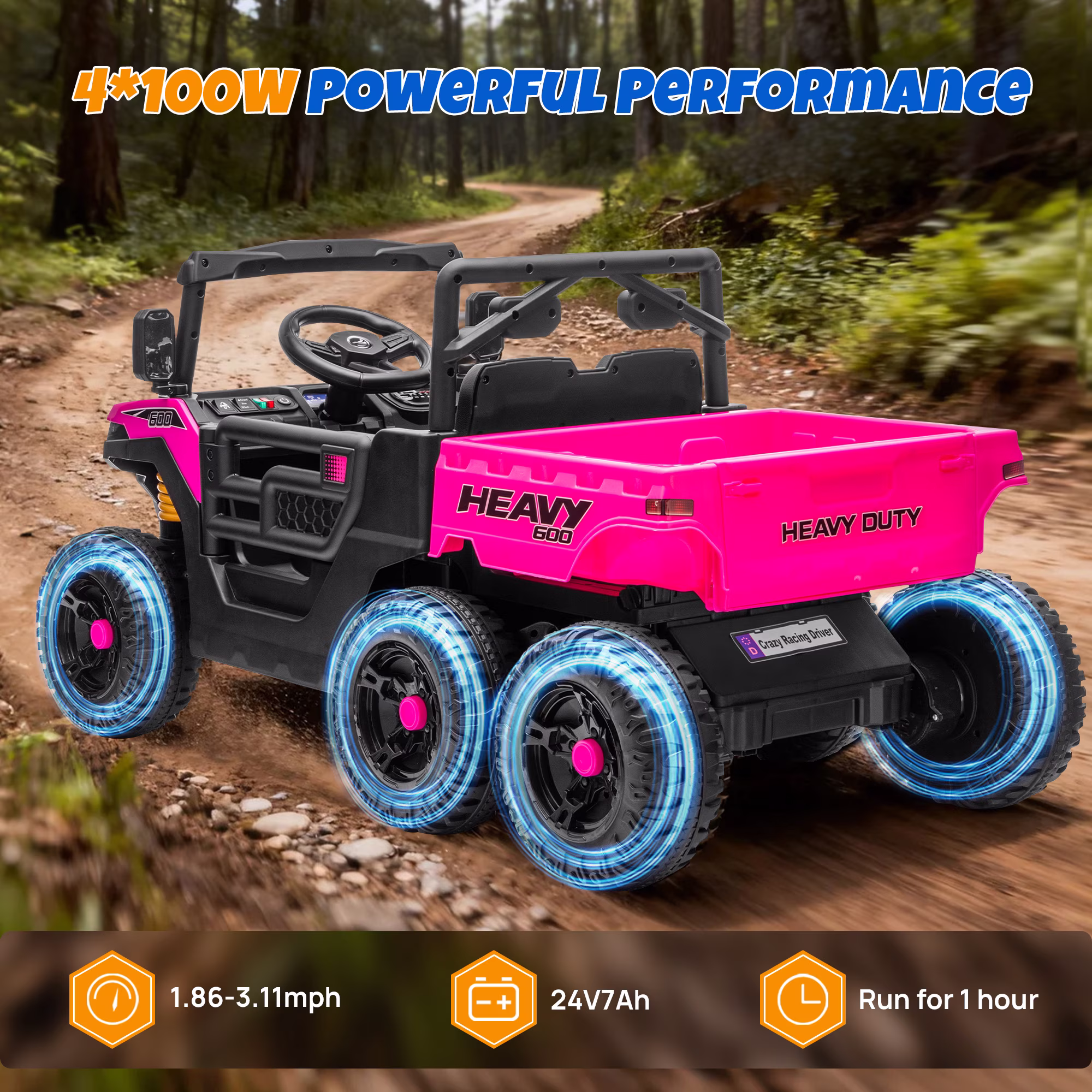 Track Seven 24V Ride on Dump Truck, 400W 6-Wheel Ride on UTV Car for Big Kids with Electric Dump Bed, Remote Control, Music, Lights, Spring Suspension, 24V Ride on Toy Car for Kids Aged 3+, Pink - Image 4