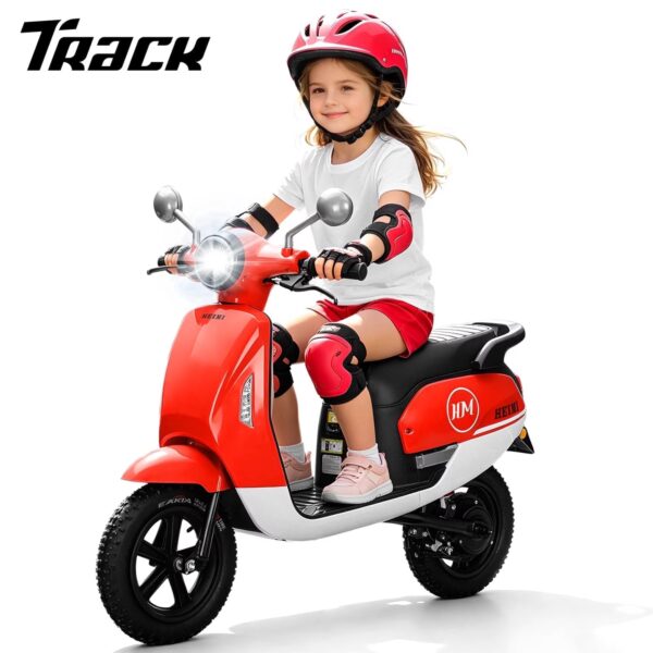 Track Seven 24V Ride on Motorcycle, 250W Ride-on Scooter Moped with Twist Throttle, LED Light, 12" Pneumatic Tires, Bluetooth, Max 10Mph, 24V Electric Motorcycle for Kids Girls Boys Aged 8-12, Red