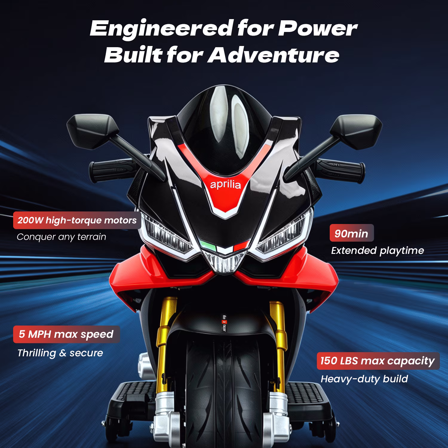 Track Seven 24V Ride on Motorcycle, Licensed Aprilia RSV4 Electric Motorcycle with Training Wheels, LED Lights, Music, Large Seat, Max 5 Mph, 24V Ride on Toy Car for Boys Girls Aged 3+, Black - Image 5