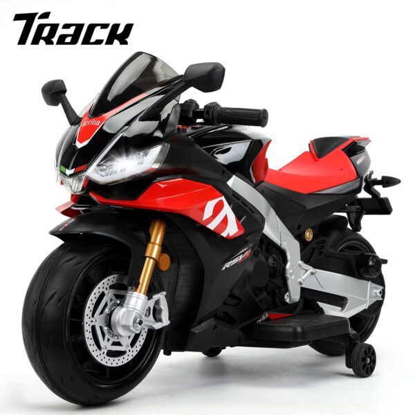 Track Seven 24V Ride on Motorcycle, Licensed Aprilia RSV4 Electric Motorcycle with Training Wheels, LED Lights, Music, Large Seat, Max 5 Mph, 24V Ride on Toy Car for Boys Girls Aged 3+, Black