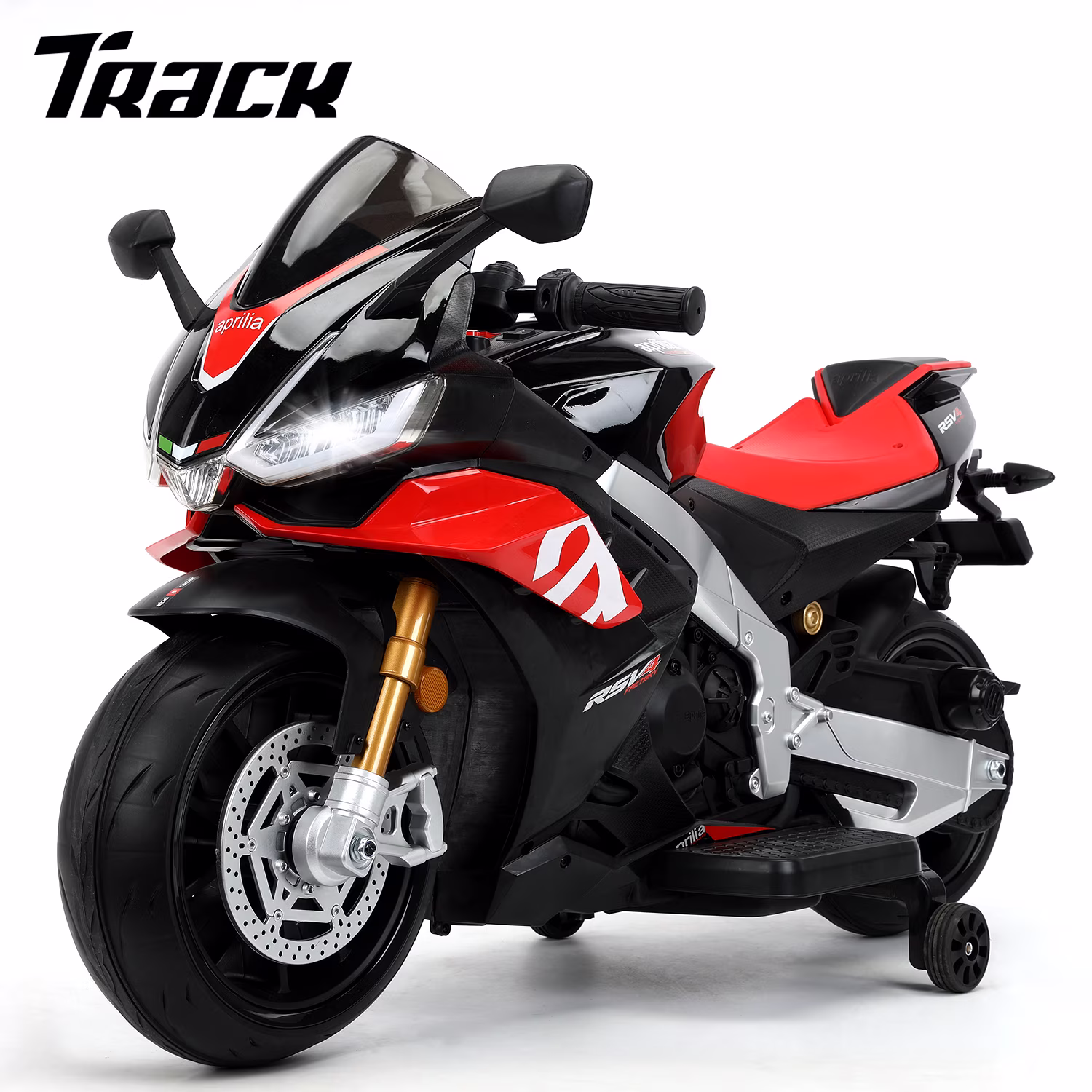 Track Seven 24V Ride on Motorcycle, Licensed Aprilia RSV4 Electric Motorcycle with Training Wheels, LED Lights, Music, Large Seat, Max 5 Mph, 24V Ride on Toy Car for Boys Girls Aged 3+, Black