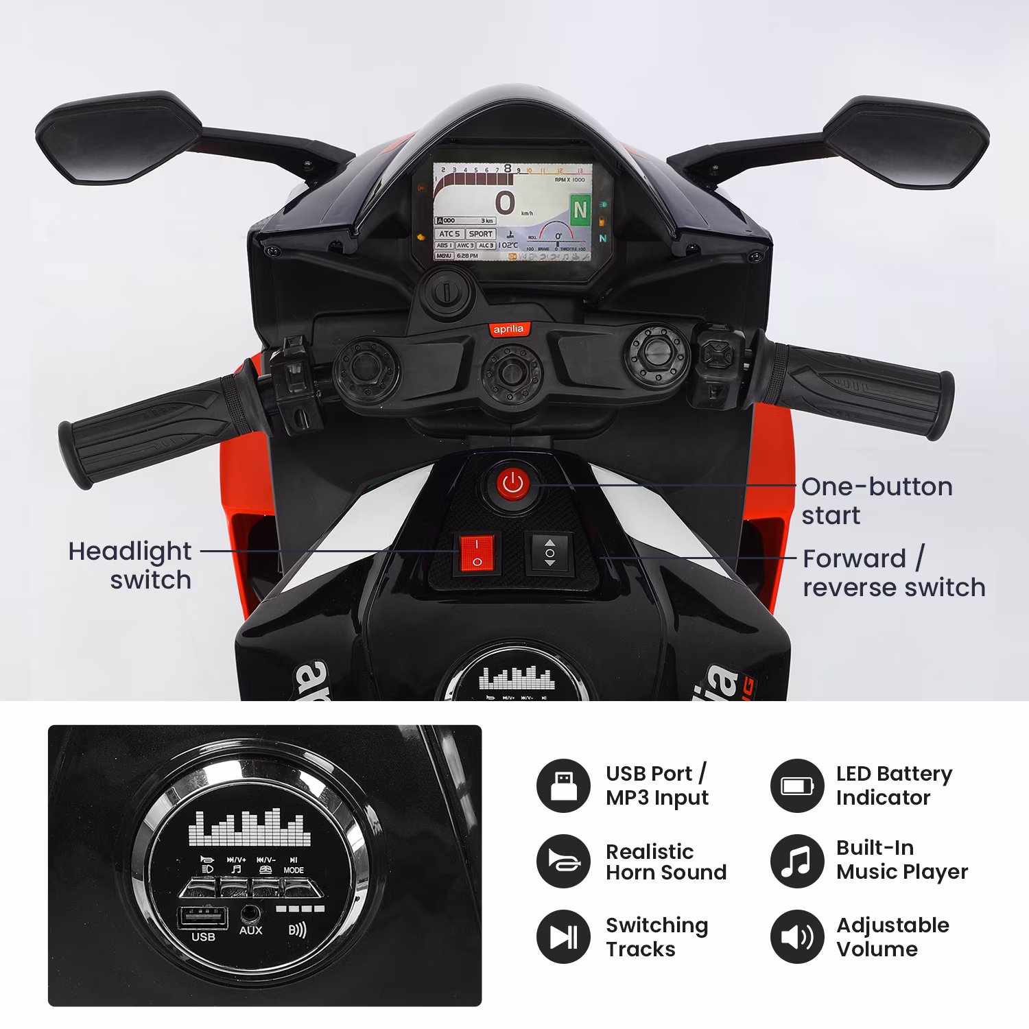 Track Seven 24V Ride on Motorcycle, Licensed Aprilia RSV4 Electric Motorcycle with Training Wheels, LED Lights, Music, Large Seat, Max 5 Mph, 24V Ride on Toy Car for Boys Girls Aged 3+, Black - Image 2