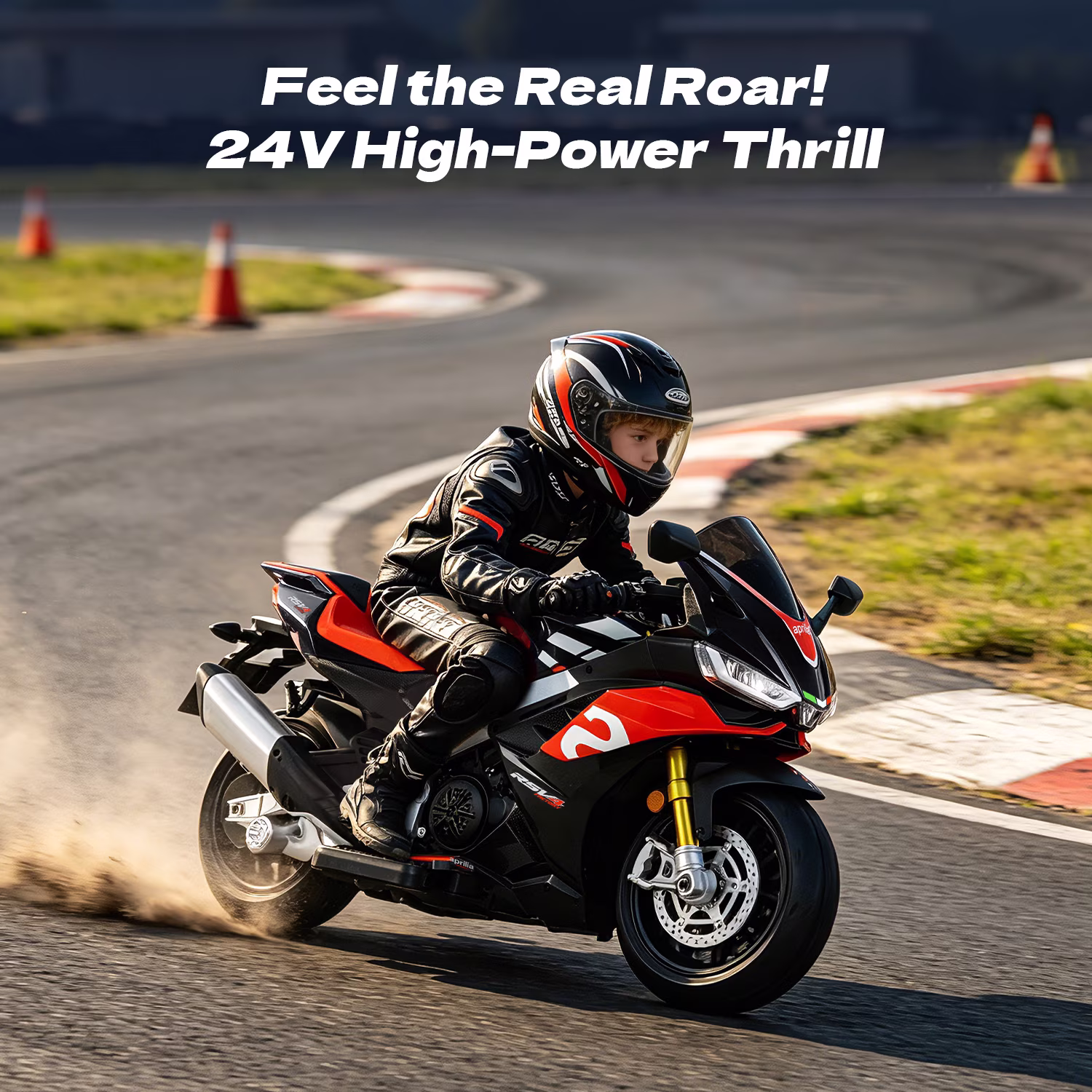 Track Seven 24V Ride on Motorcycle, Licensed Aprilia RSV4 Electric Motorcycle with Training Wheels, LED Lights, Music, Large Seat, Max 5 Mph, 24V Ride on Toy Car for Boys Girls Aged 3+, Black - Image 3