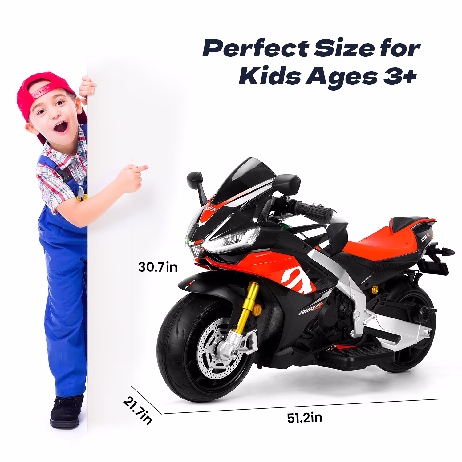 Track Seven 24V Ride on Motorcycle, Licensed Aprilia RSV4 Electric Motorcycle with Training Wheels, LED Lights, Music, Large Seat, Max 5 Mph, 24V Ride on Toy Car for Boys Girls Aged 3+, Black - Image 4