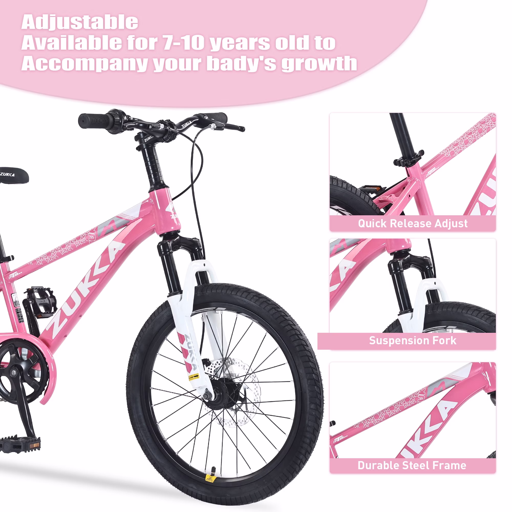Track Seven Kids Mountain Bike, 20 Inch Children Bicycle for Boys Girls Ages 7-10 Years, Kids Bike with Adjustable Seat, Single-Speed Youth Bicycle with Dual Disc Brakes and Front Suspension, Pink - Image 5