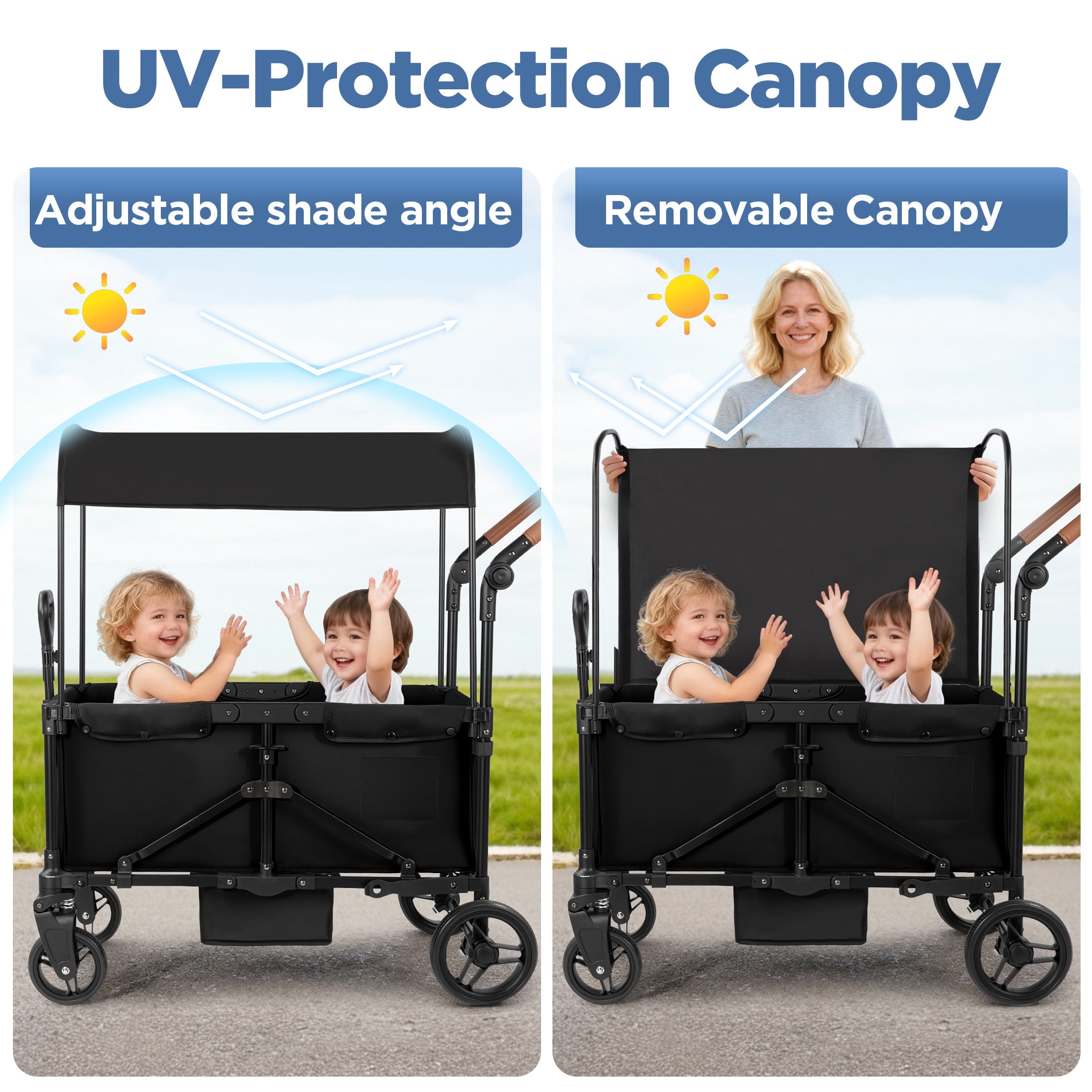 Tripland Wagon Stroller for Kids, 2-Seater Outdoor Baby Stroller with Canopy,Pull & Push Handle,Black - Image 3