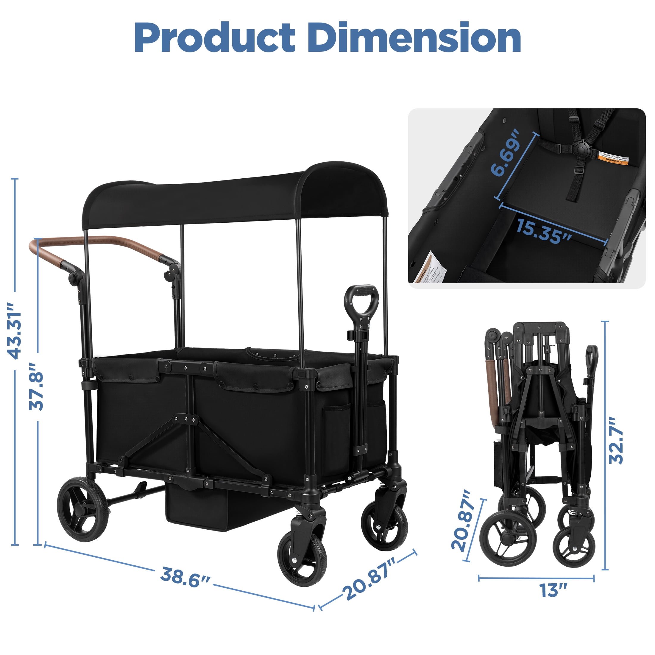 Tripland Wagon Stroller for Kids, 2-Seater Outdoor Baby Stroller with Canopy,Pull & Push Handle,Black - Image 2
