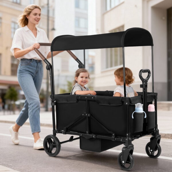 Tripland Wagon Stroller for Kids, 2-Seater Outdoor Baby Stroller with Canopy,Pull & Push Handle,Black