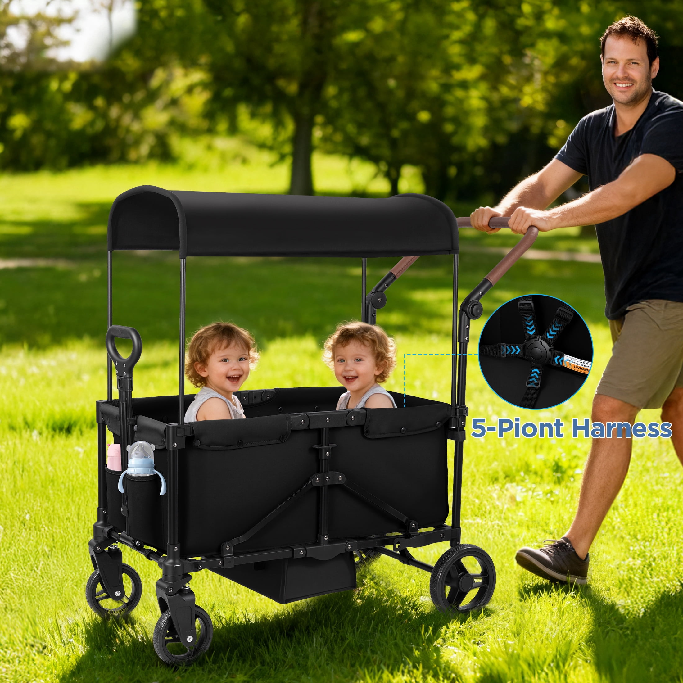 Tripland Wagon Stroller for Kids, 2-Seater Outdoor Baby Stroller with Canopy,Pull & Push Handle,Black - Image 4