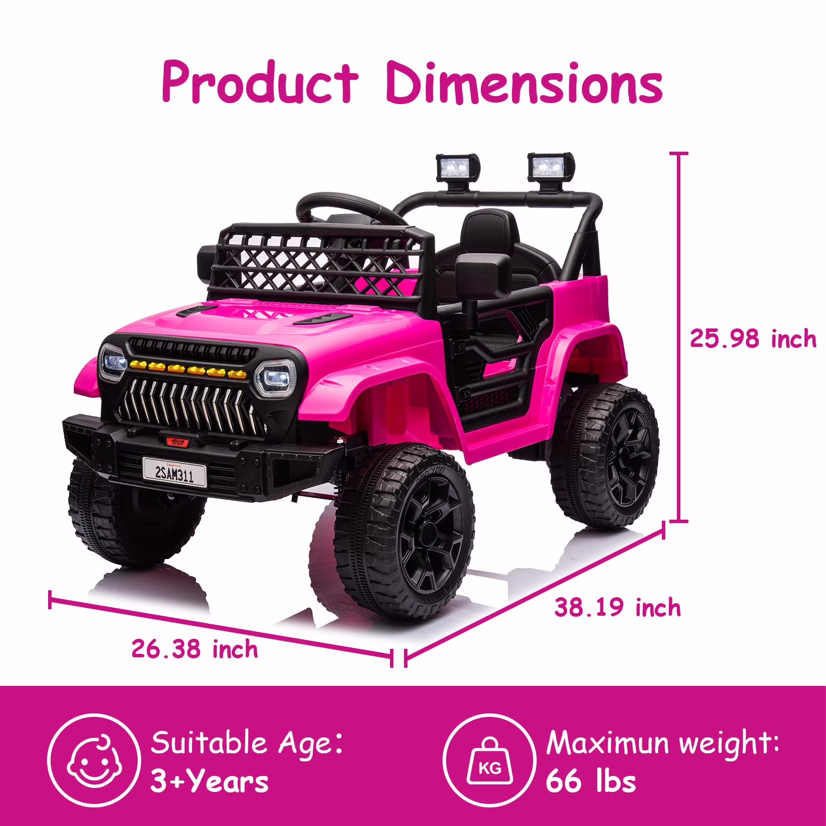 TROPOW 12V Kids Ride On Truck Electric Vehicle for Toddlers with Remote Control, 4-Wheel Suspension, Battery Display, LED Lights,Christmas Gift for Kids, Pink - Image 5