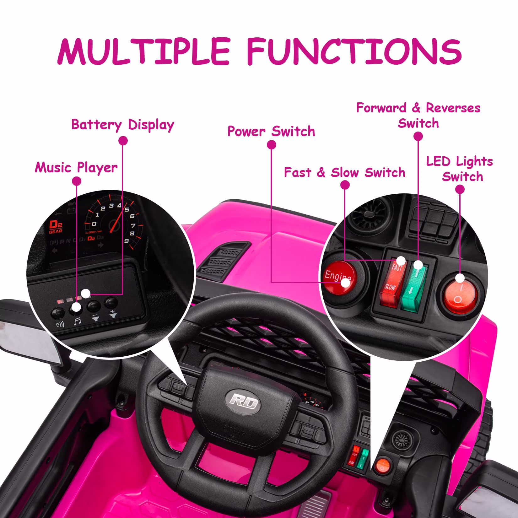 TROPOW 12V Kids Ride On Truck Electric Vehicle for Toddlers with Remote Control, 4-Wheel Suspension, Battery Display, LED Lights,Christmas Gift for Kids, Pink - Image 3