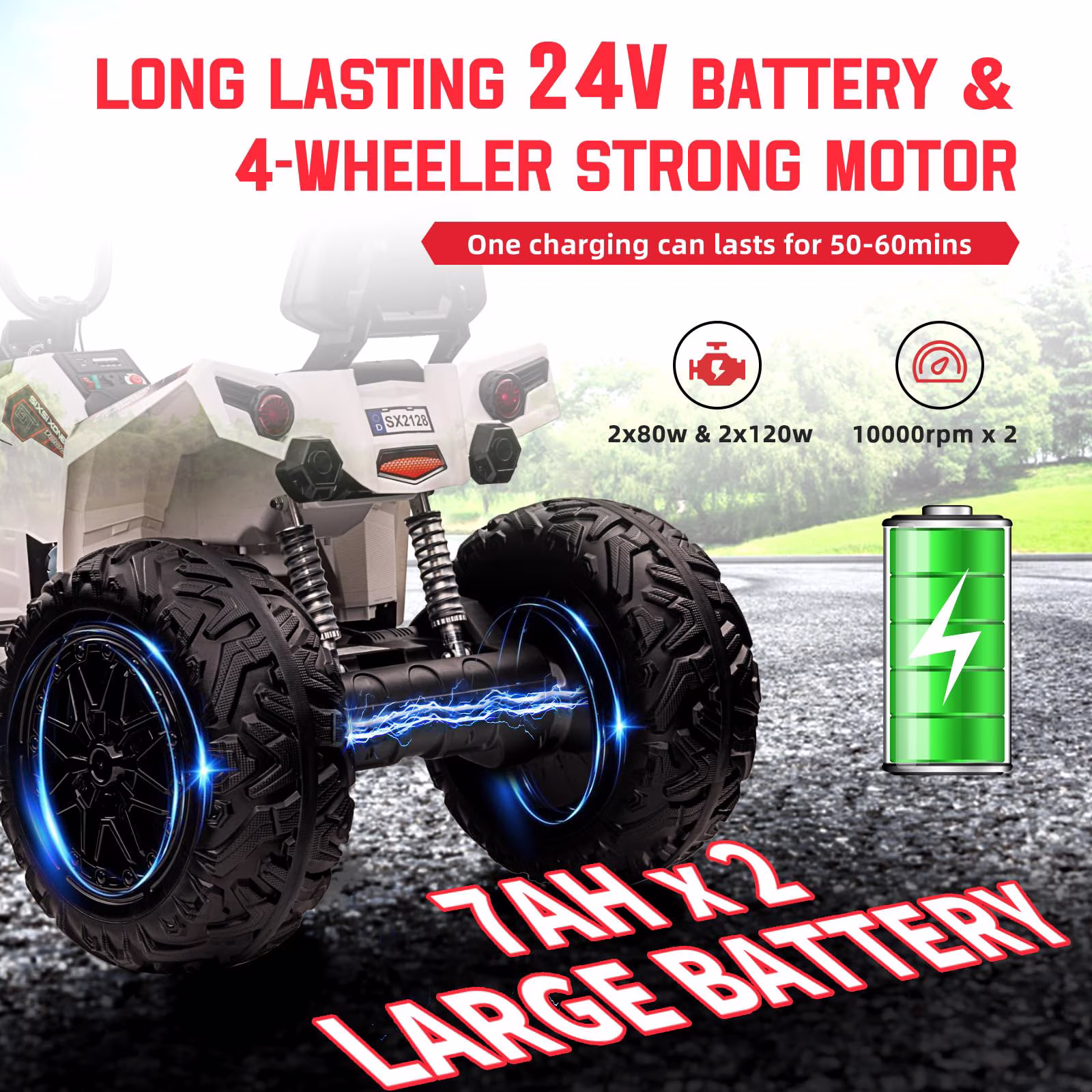 TROPOW Electric Ride On Cars with Remote Control,24V Two-Seater Kids ATV – 4x4 Electric 4-Wheeler Quad Ride-On Car Toy with 4x200W Motors, LED Lights, EVA Tires, Music, and Horn - Image 3