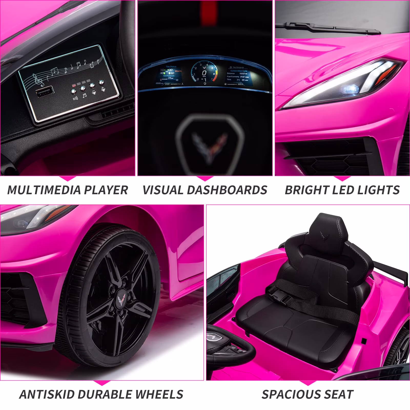 TROPOW Kids Cars Electric Ride On,12V Kids Ride on Car Licensed Corvette Battery Powered Car Toddles Electric Sports Car Toy with Remote Control, Visual Dashboard,Christmas Gift for Kids,Rose Red - Image 4