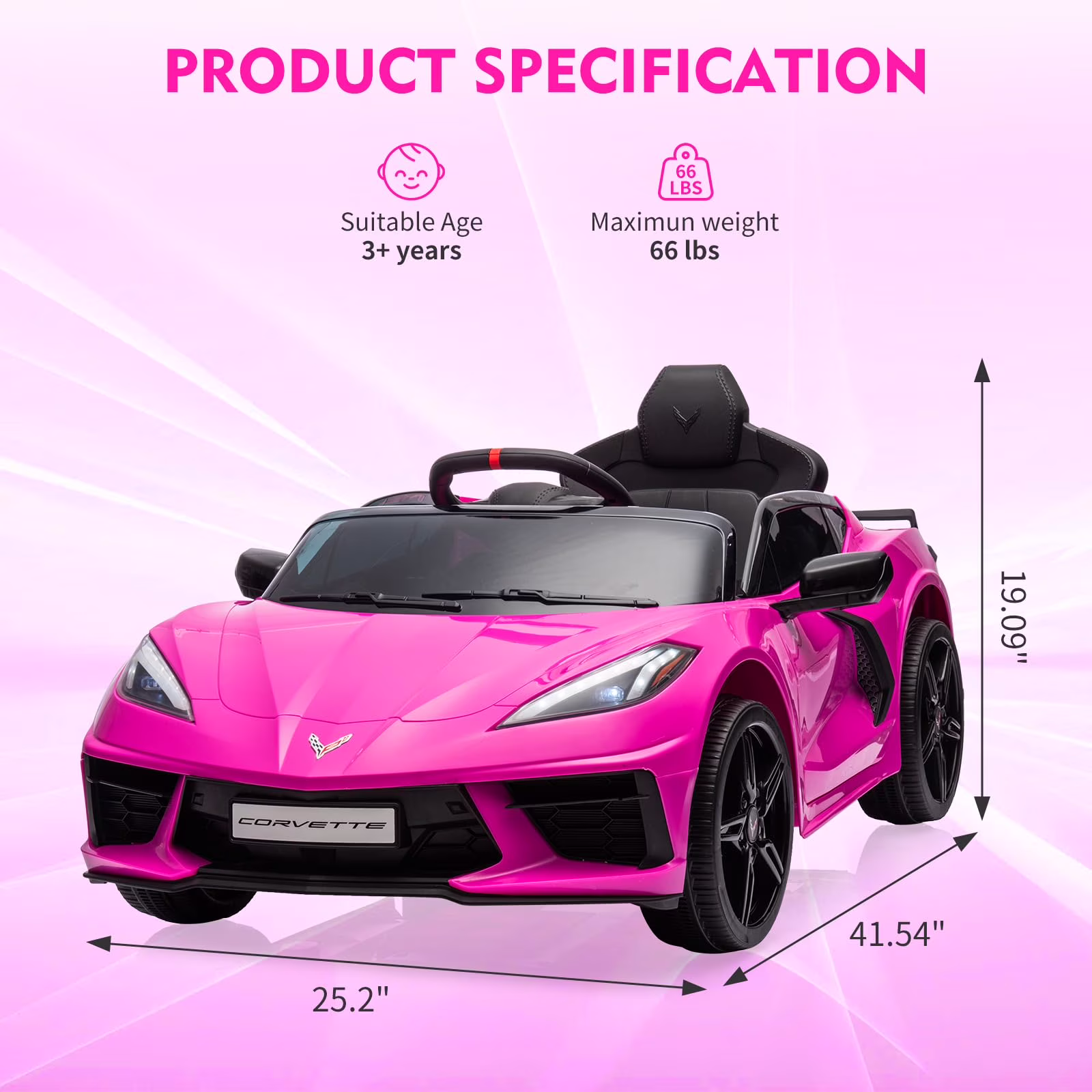 TROPOW Kids Cars Electric Ride On,12V Kids Ride on Car Licensed Corvette Battery Powered Car Toddles Electric Sports Car Toy with Remote Control, Visual Dashboard,Christmas Gift for Kids,Rose Red - Image 2