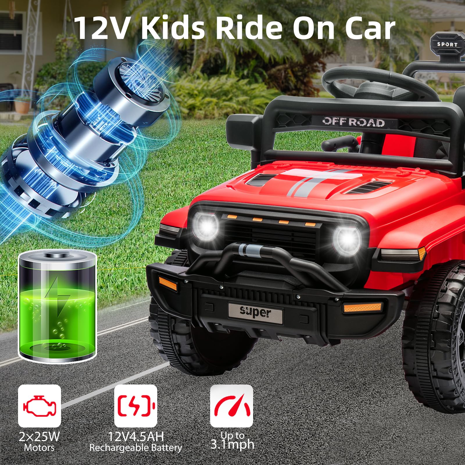 TROPOW Kids Cars Electric Ride On,12V Ride On Truck Car, Toddler Ride On Toy w/Parent Remote Control, Steering Wheel Music,Kids Electric Vehicles for Age 2-5,Christmas Gifts for Kids - Image 5
