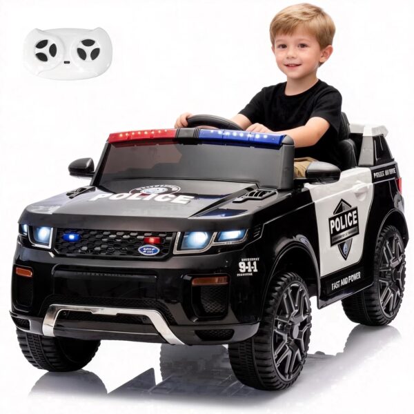 TULILLO Electric Police Car for Kids, 12V Kids Ride on Toys w/ Remote, Music, LED Lights, Megaphone, Ages 3+