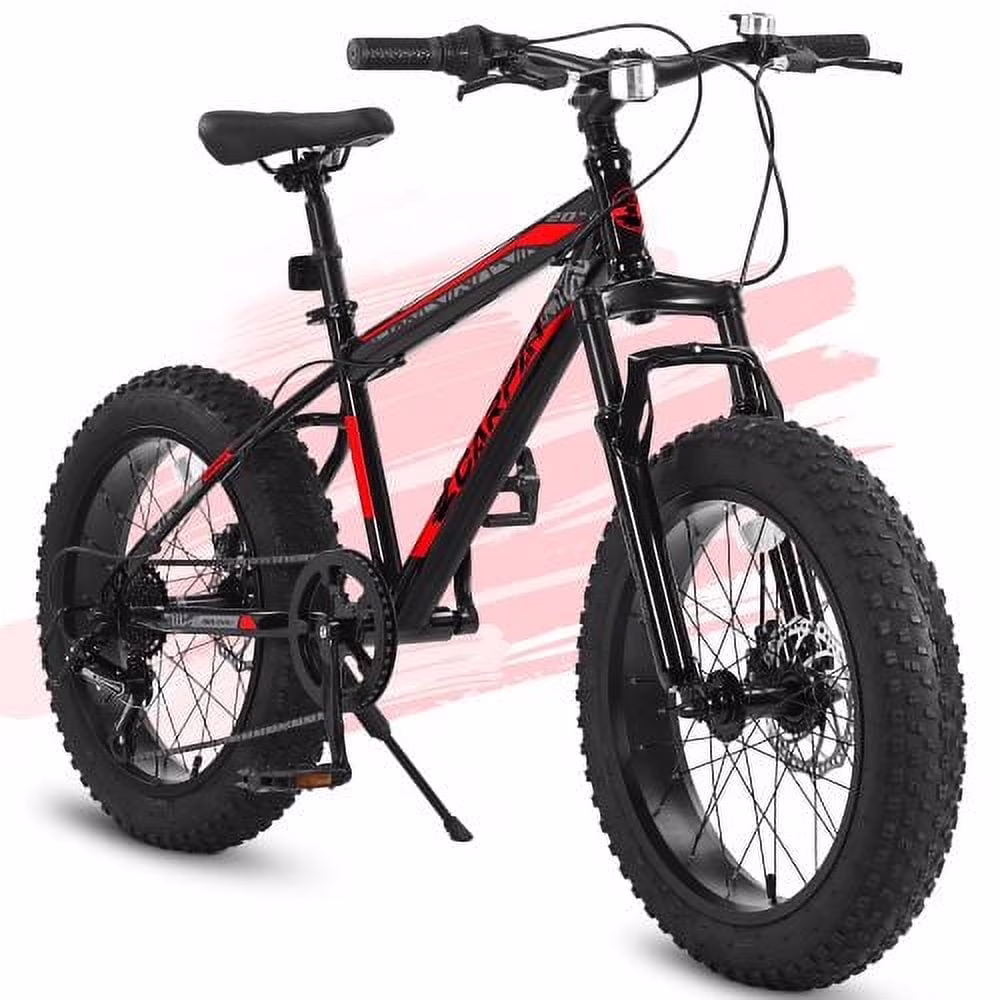 Tyethy 20 inch Wheels Mountain Bike for 15+ Years, 4" Wide Fat Tire Snow Bicycles with Disc Brakes and Front Suspension, High Carbon Steel Frame, 7-Speed, Red