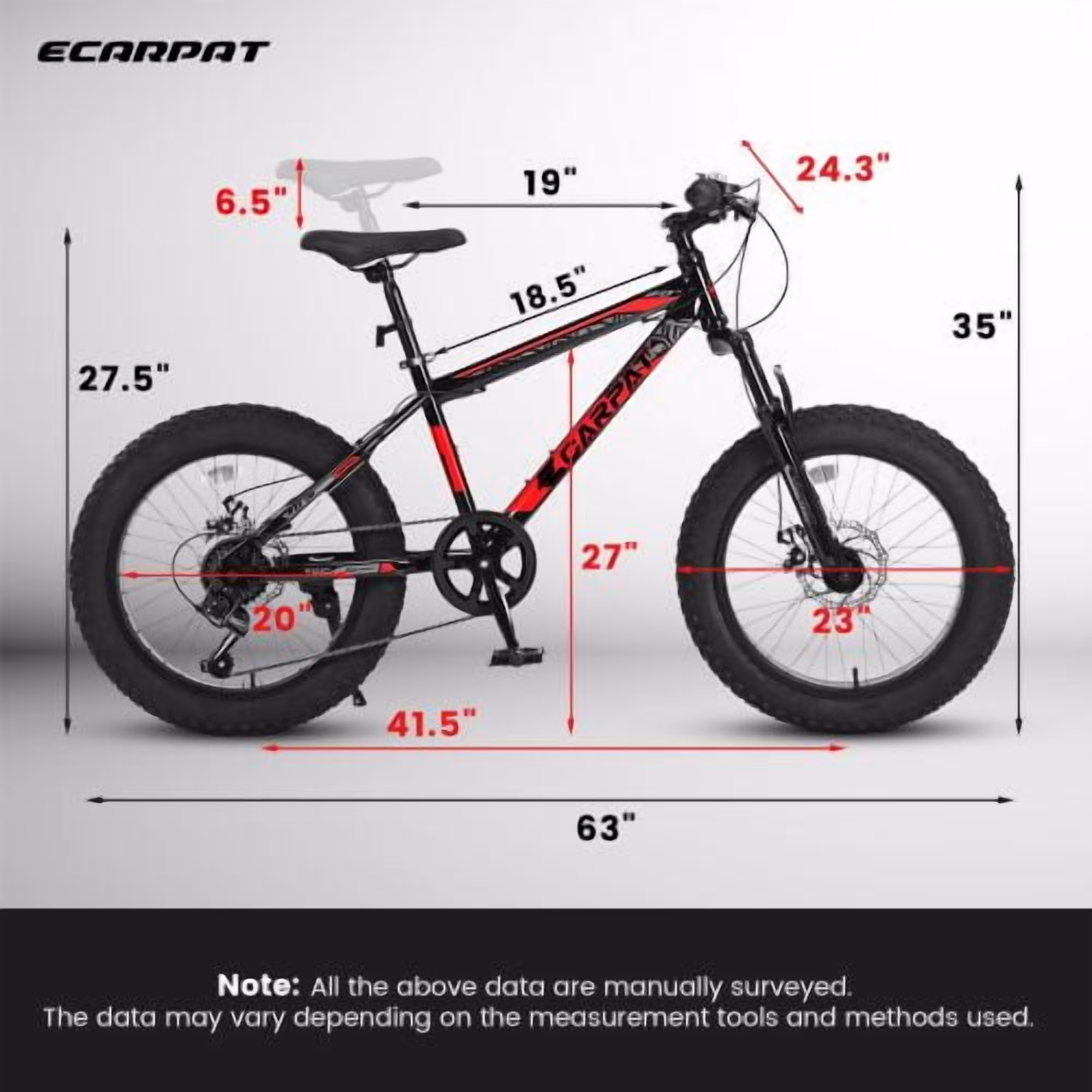 Tyethy 20 inch Wheels Mountain Bike for 15+ Years, 4" Wide Fat Tire Snow Bicycles with Disc Brakes and Front Suspension, High Carbon Steel Frame, 7-Speed, Red - Image 4