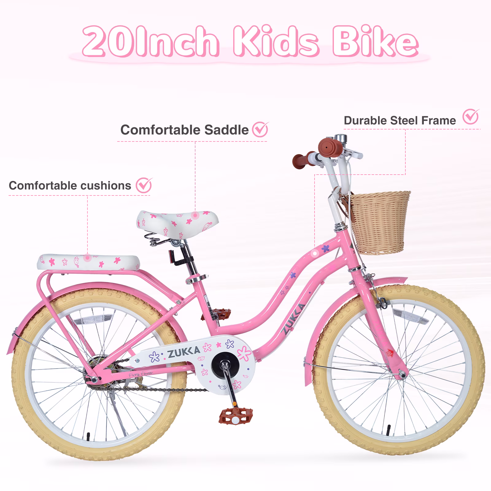 Tyethy Girls Bike 20" Single Speed Kids Bicycle with Basket for 7-10 Girls, Pink - Image 5
